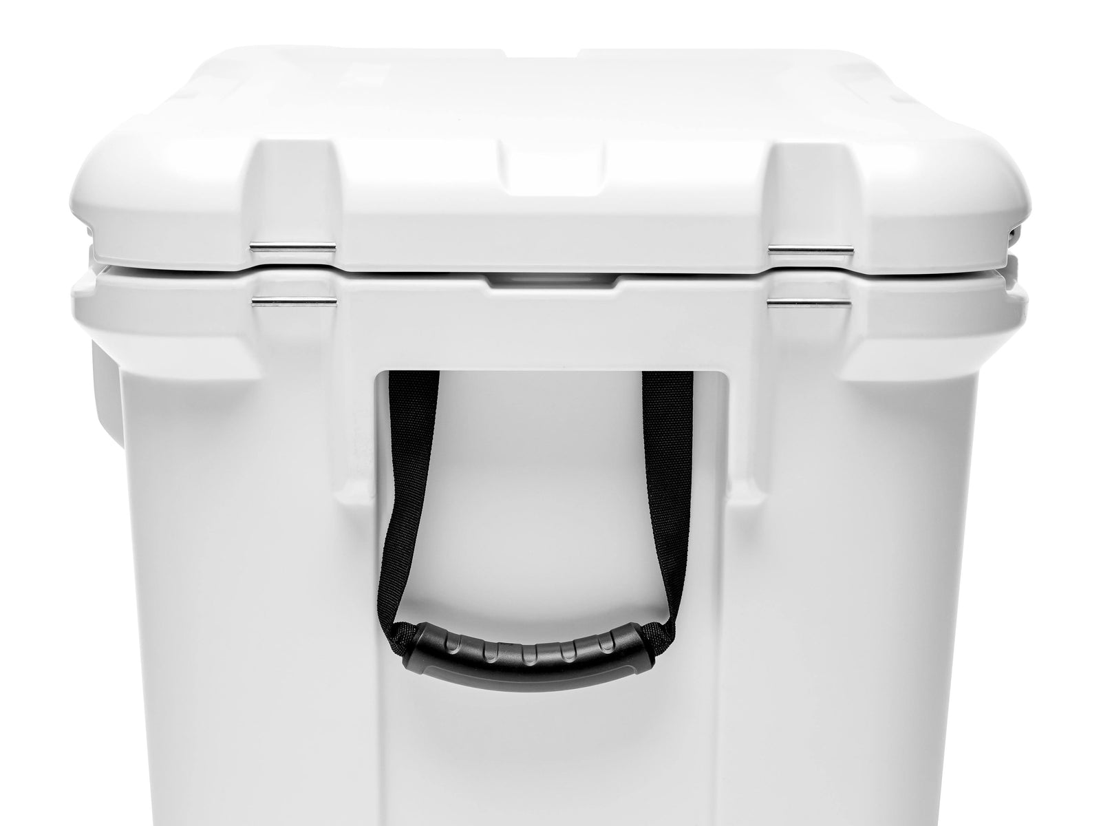 White cooler box with a handle on a white background