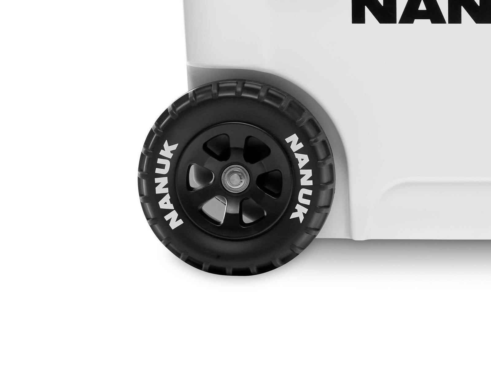Black wheel with 'Nanuk' branding on a white background