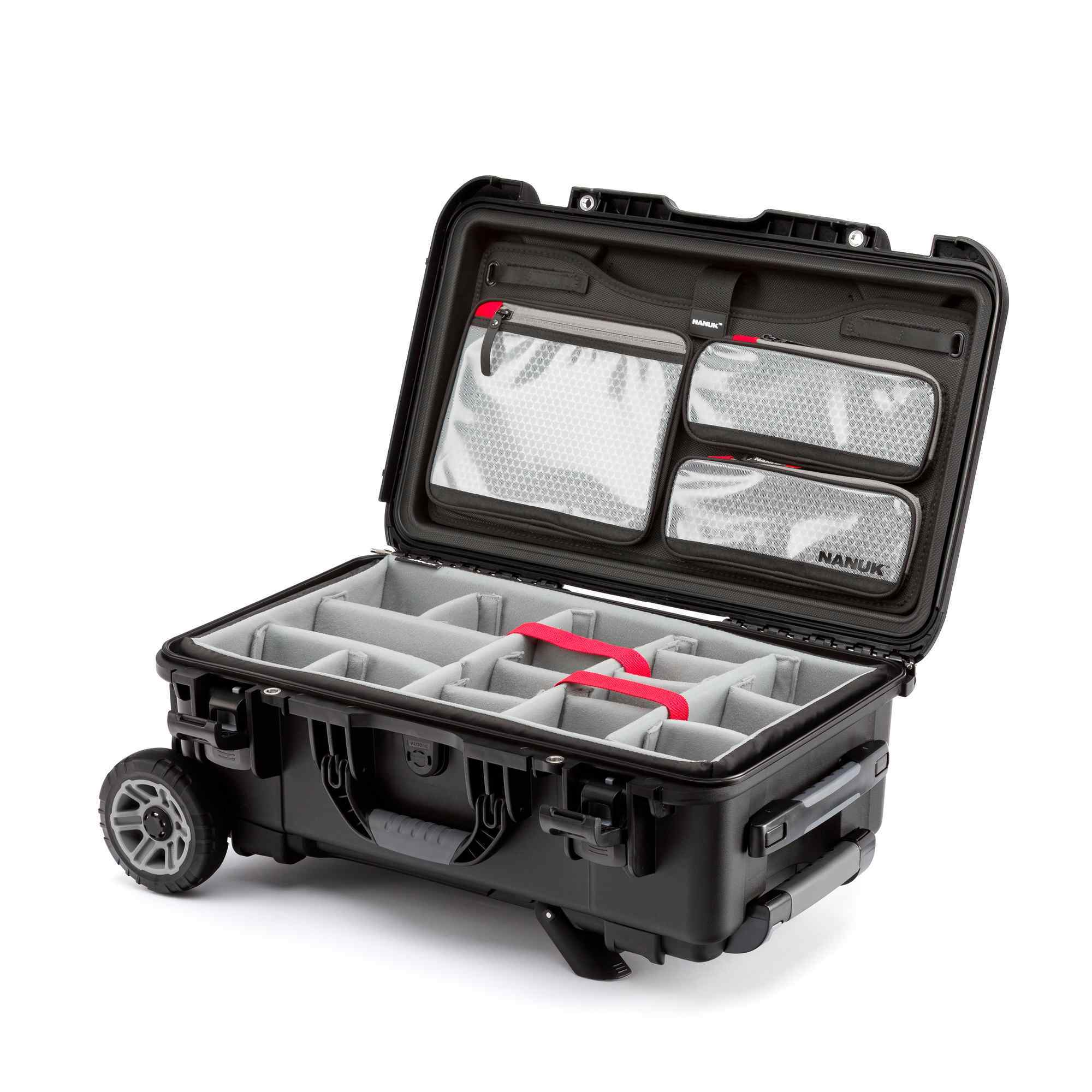 Black hard-shell travel case with wheels on a white background Black hard-shell travel case with wheels on a white background