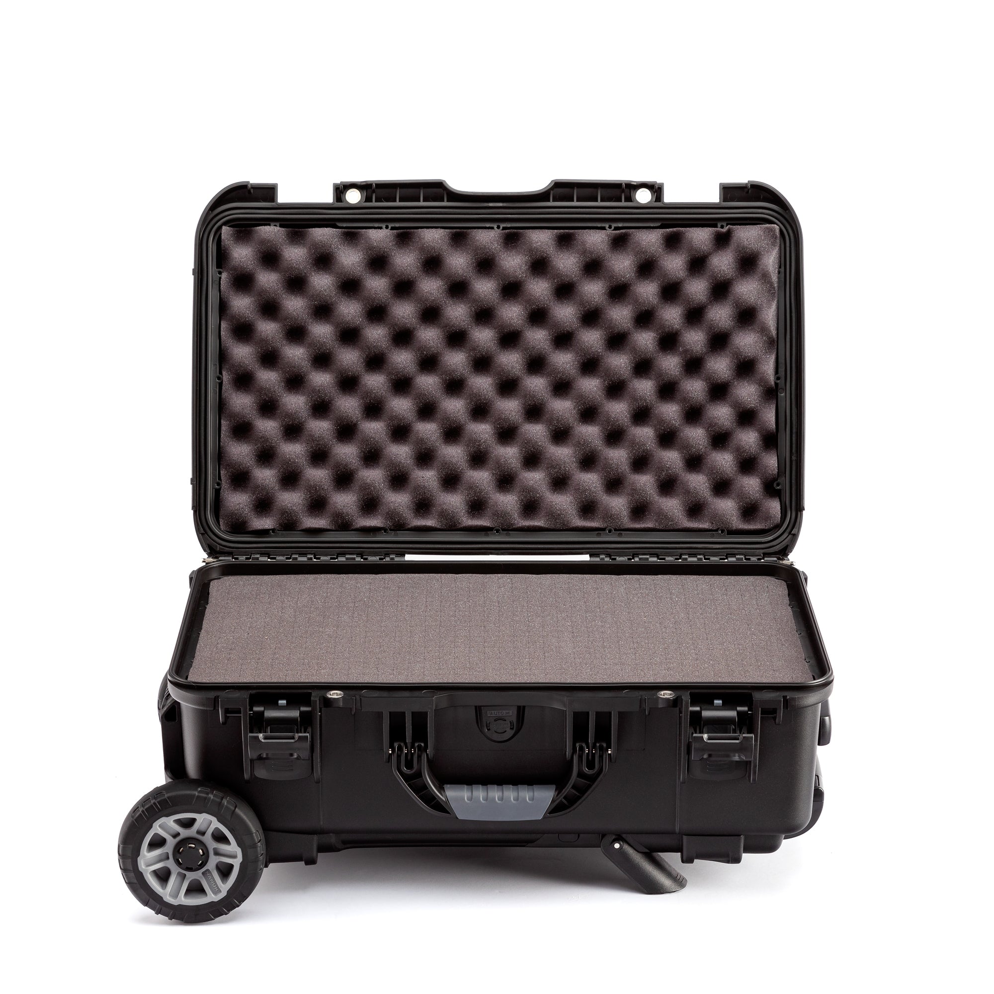 Black hard-shell travel case with wheels on a white background Black hard-shell travel case with wheels on a white background