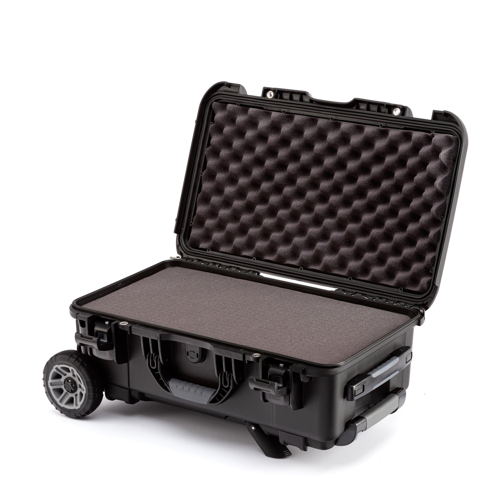 Black hard-shell travel case with wheels on a white background Black hard-shell travel case with wheels on a white background