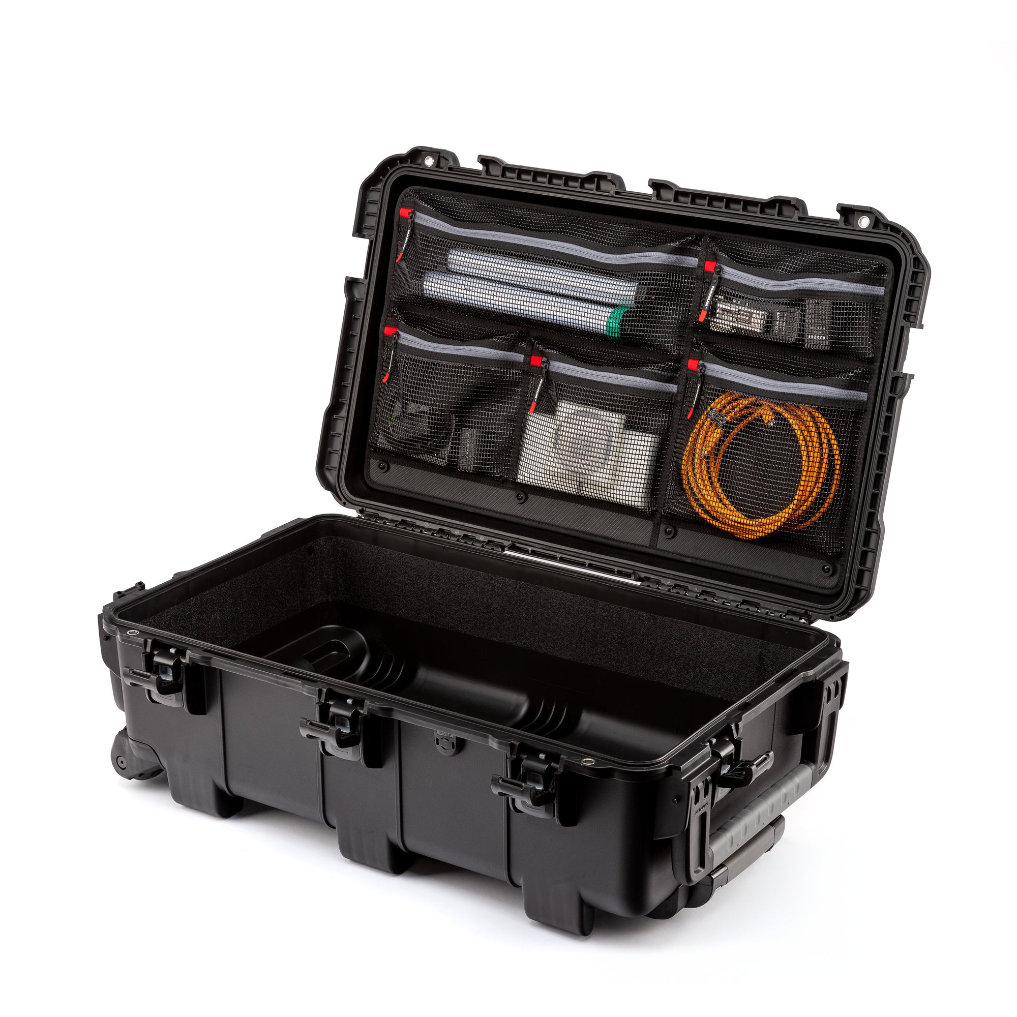 NANUK 962 Mesh Lid Organizer with content inside a Nanuk 962 case angle view NANUK 962 Mesh Lid Organizer with content inside a Nanuk 962 case angle view