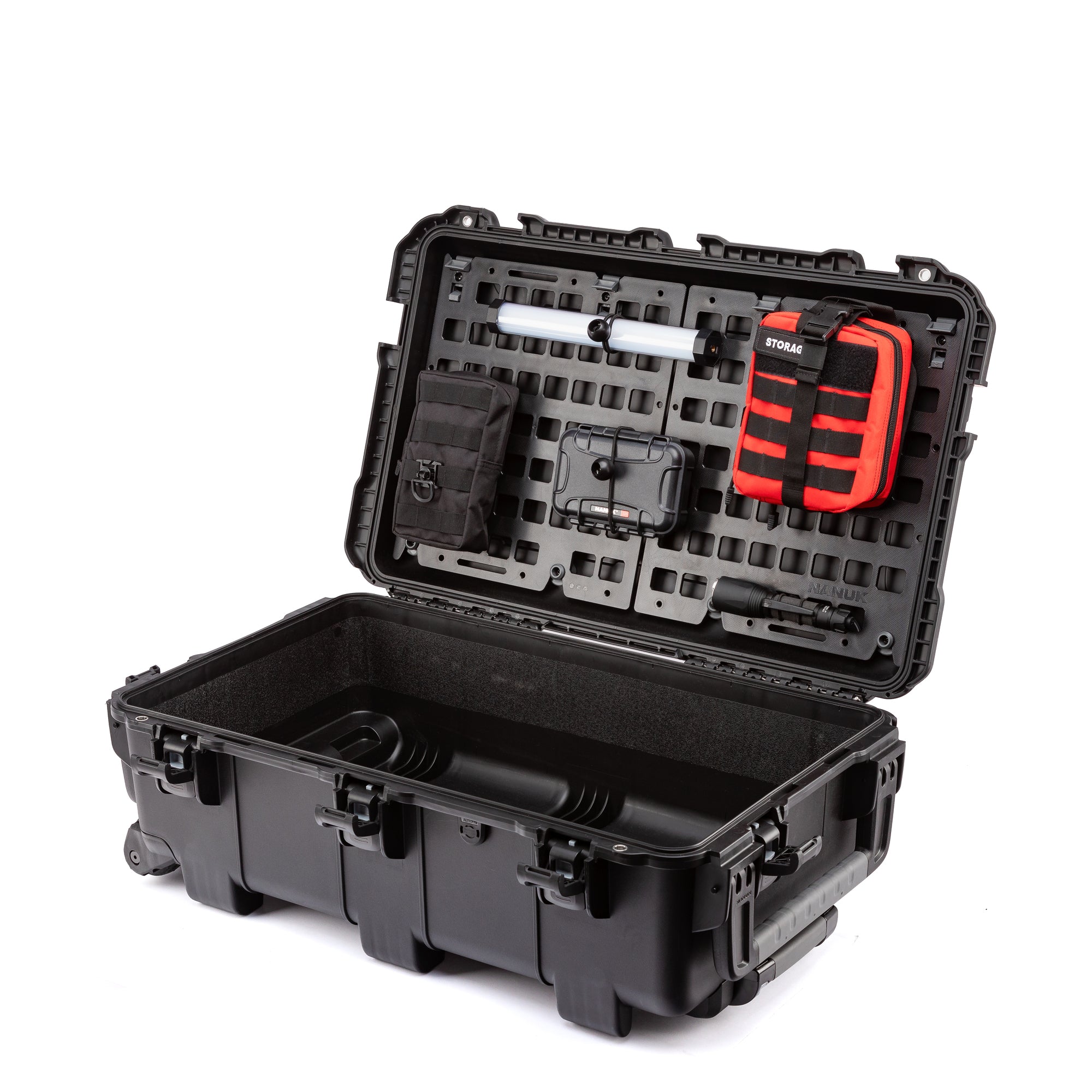 Nanuk 962 Molle System angle view installed in a Nanuk 962 case and Nanuk 225 case attached in the Lid. Nanuk 962 Molle System angle view installed in a Nanuk 962 case and Nanuk 225 case attached in the Lid.