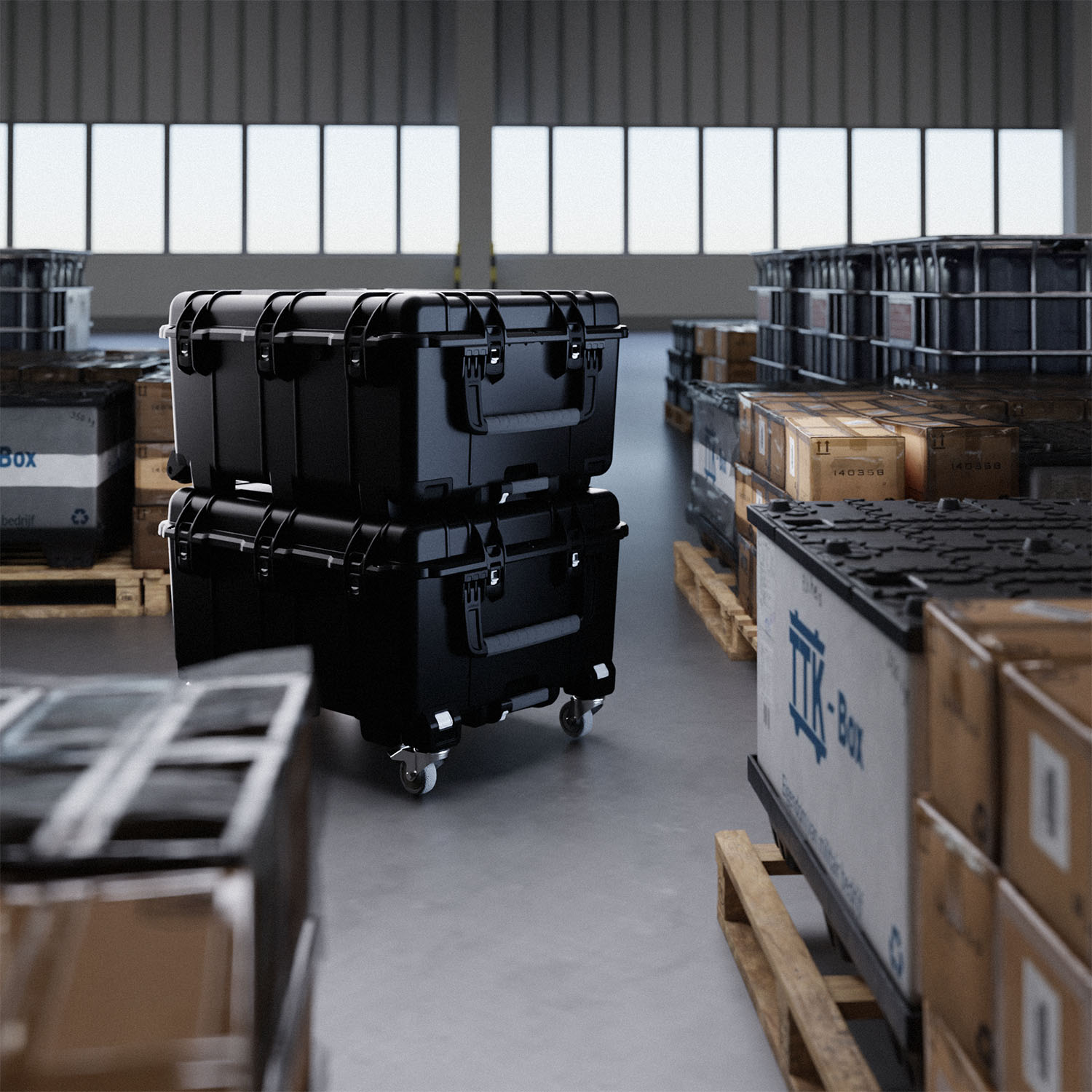 Photo of 2 NANUK 976 on top of each other in a warehouse going through pallets of products