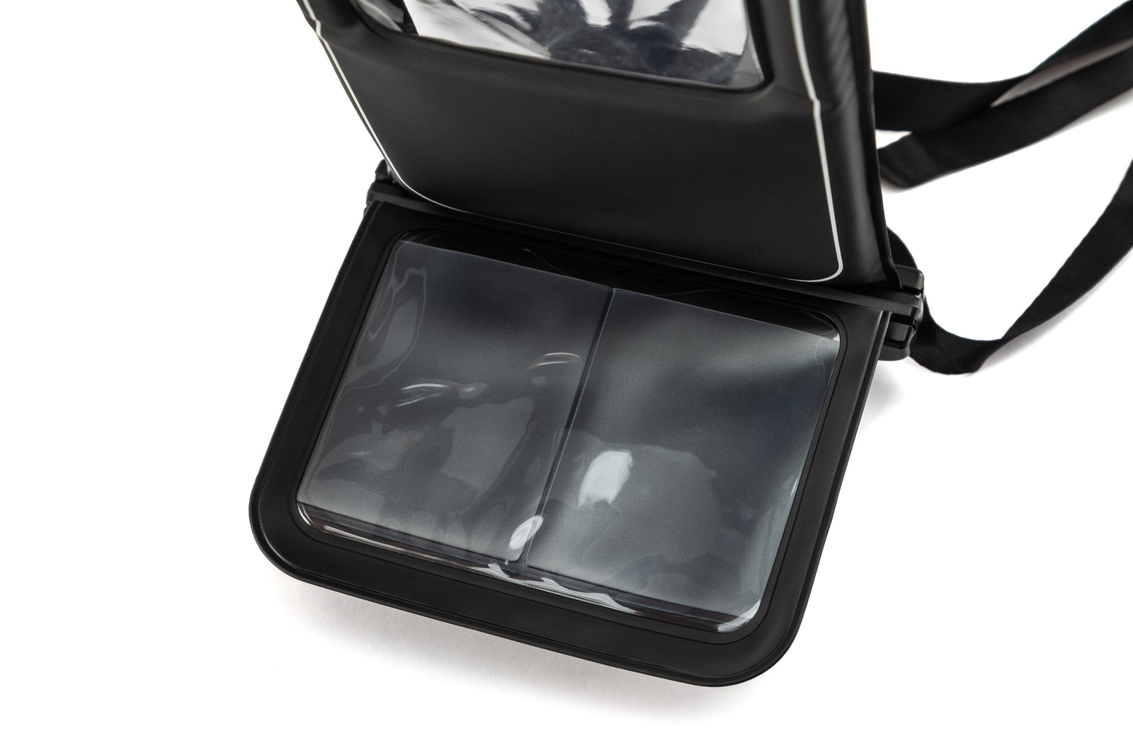 Black bag with clear compartments on a white background