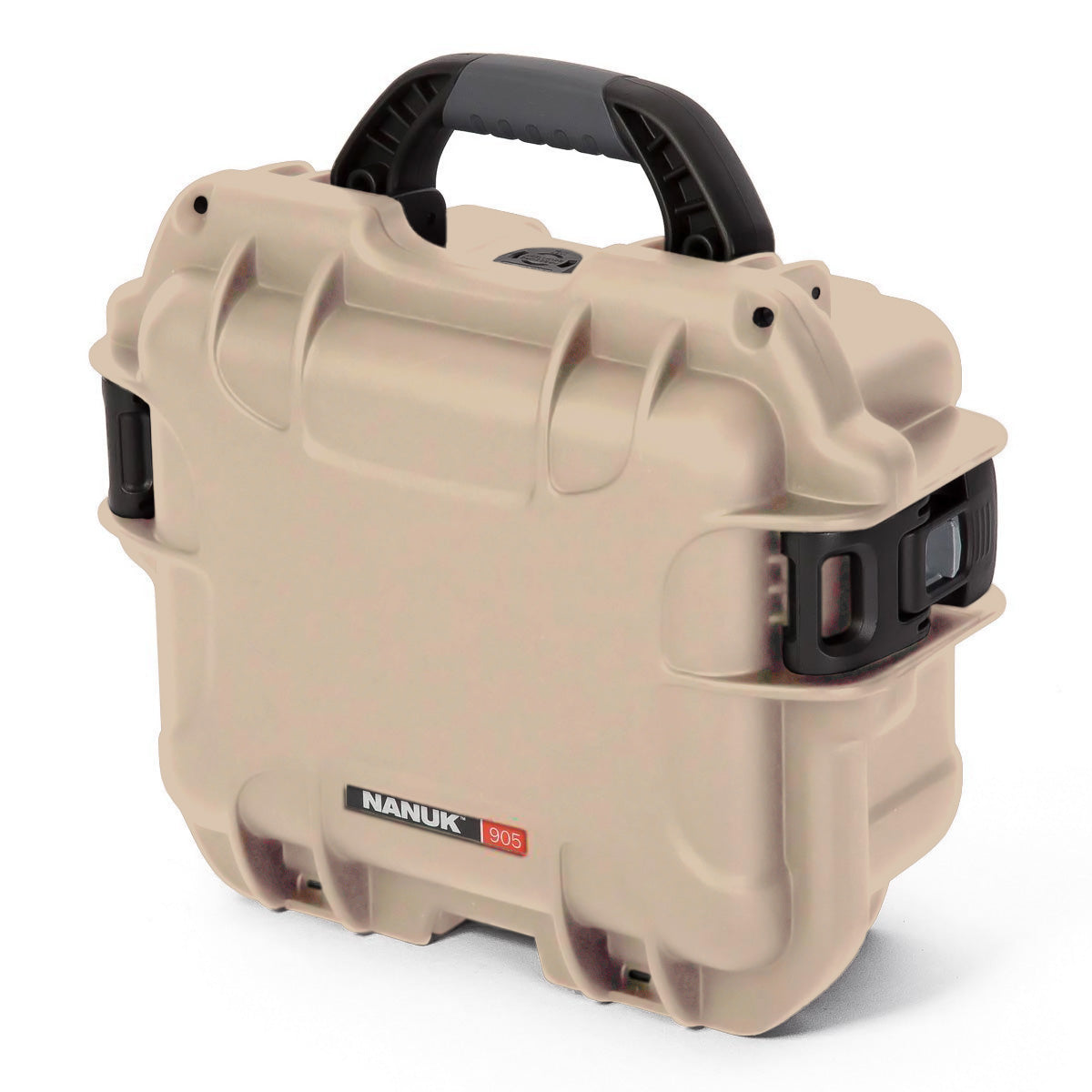 Beige protective case with black handle and NANUK branding on a white background Beige protective case with black handle and NANUK branding on a white background