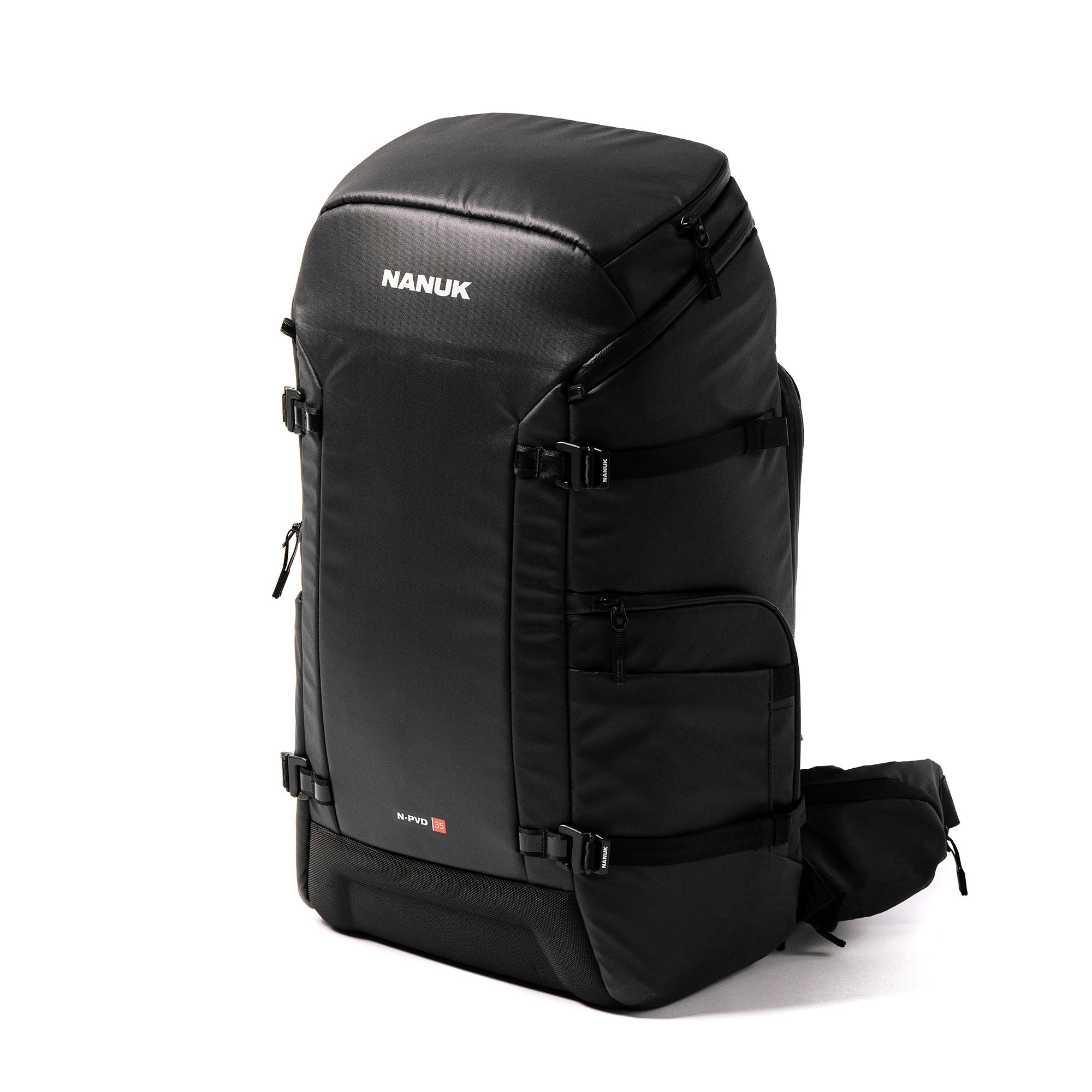 Angle view of a Black N-PVD 35L Camera Backpack from NANUK on a white background Angle view of a Black N-PVD 35L Camera Backpack from NANUK on a white background