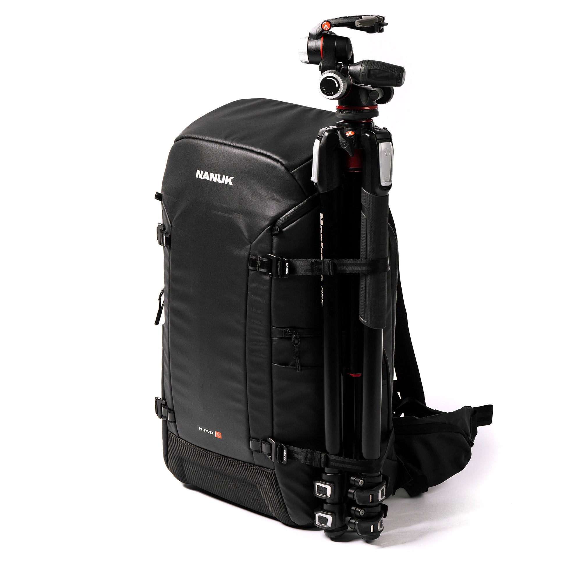 Angle view of a Black N-PVD 35L Camera Backpack from NANUK on a white background with tripod Angle view of a Black N-PVD 35L Camera Backpack from NANUK on a white background with tripod