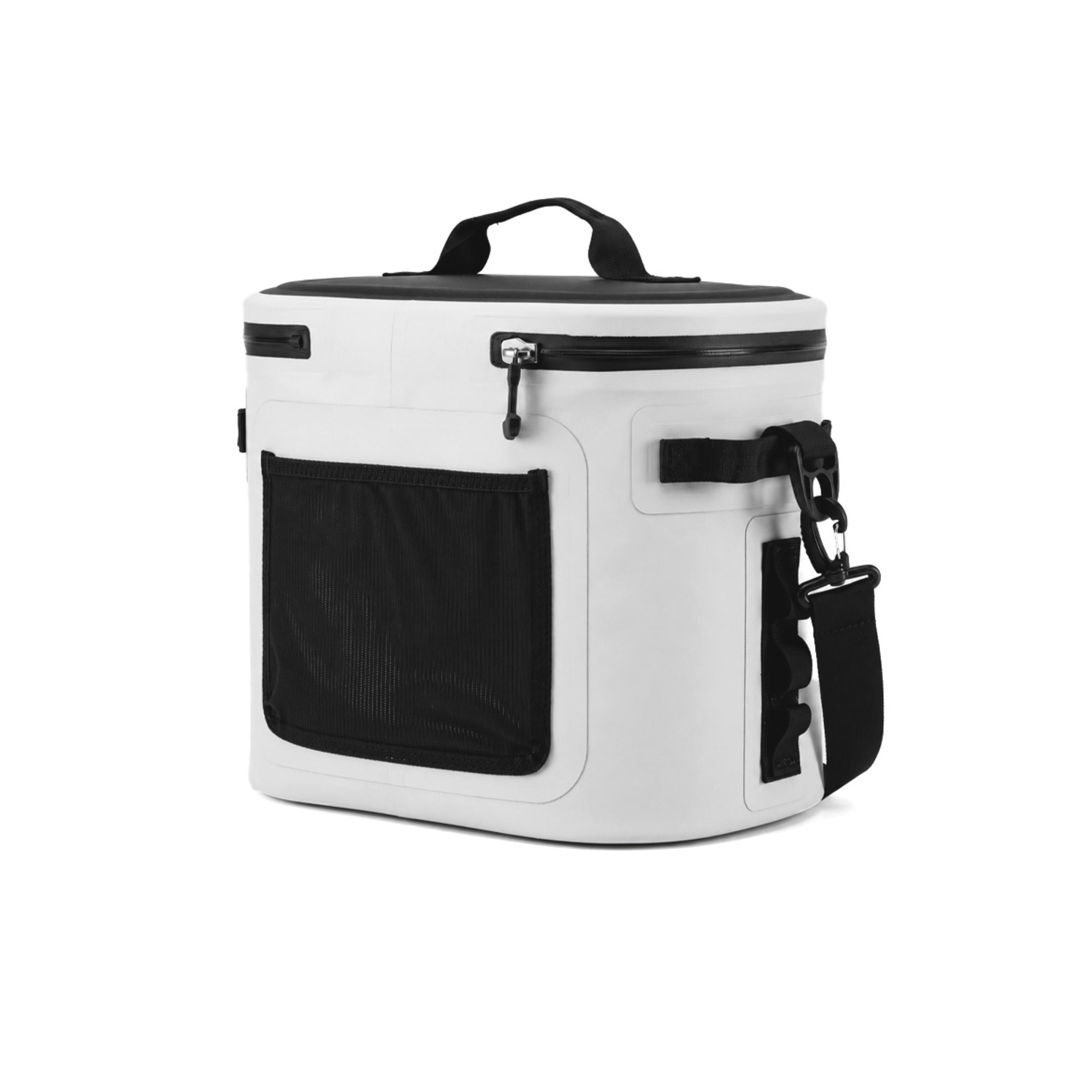 White cooler bag with black accents on a white background White cooler bag with black accents on a white background