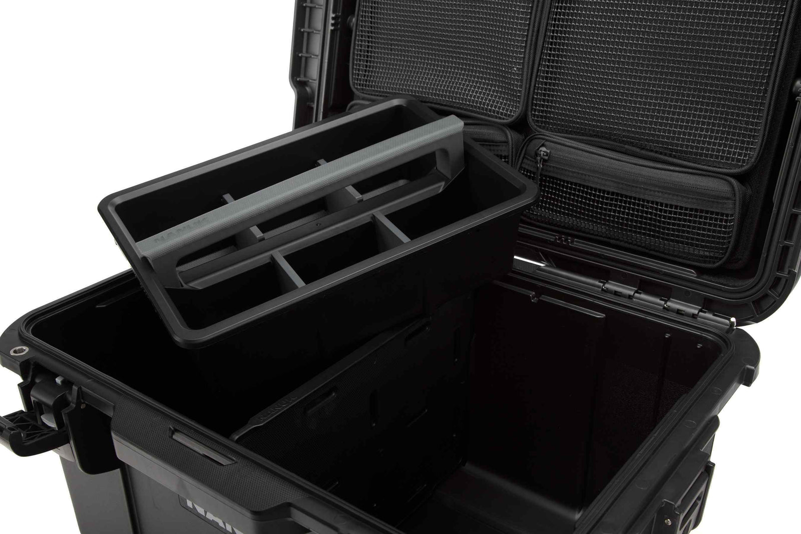 Black hard-shell travel case with interior compartments on a white background