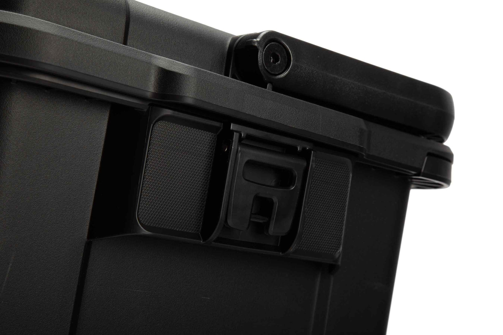 Close-up of a black storage bin with a lid on a white background