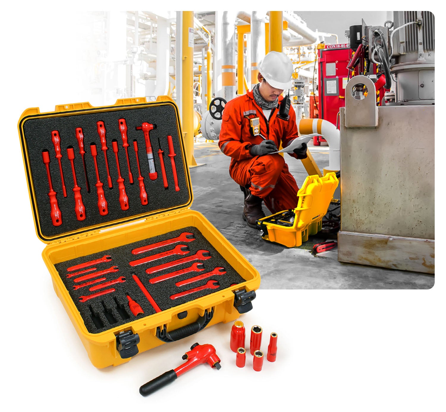 Nanuk case Yellow with custom foam in a industrial background