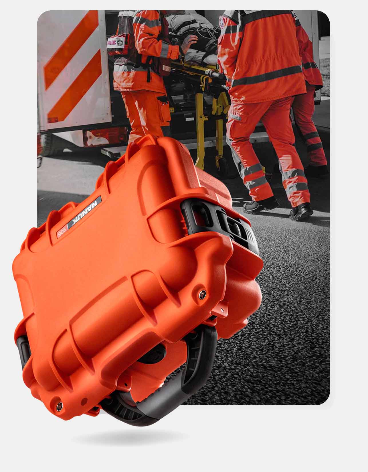 NANUK Orange case indestructible cases safeguard fragile, sophisticated equipment from the repeated blows, drops and shocks that happen during emergencies.