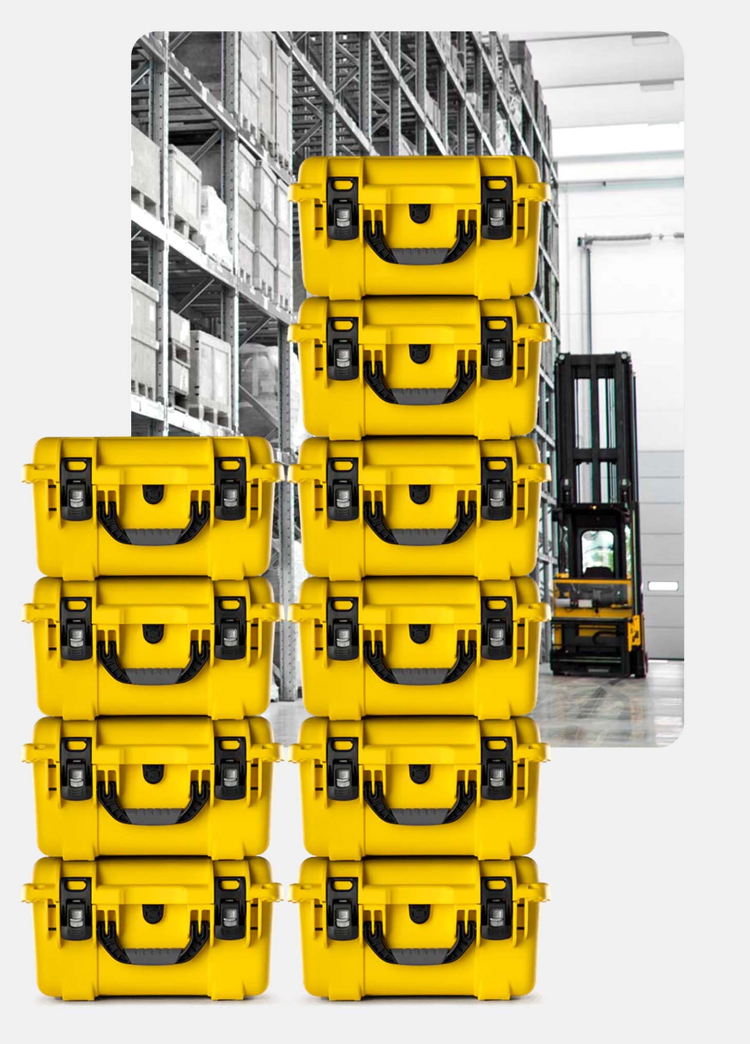 Nanuk yellow cases stacked in a warehouse