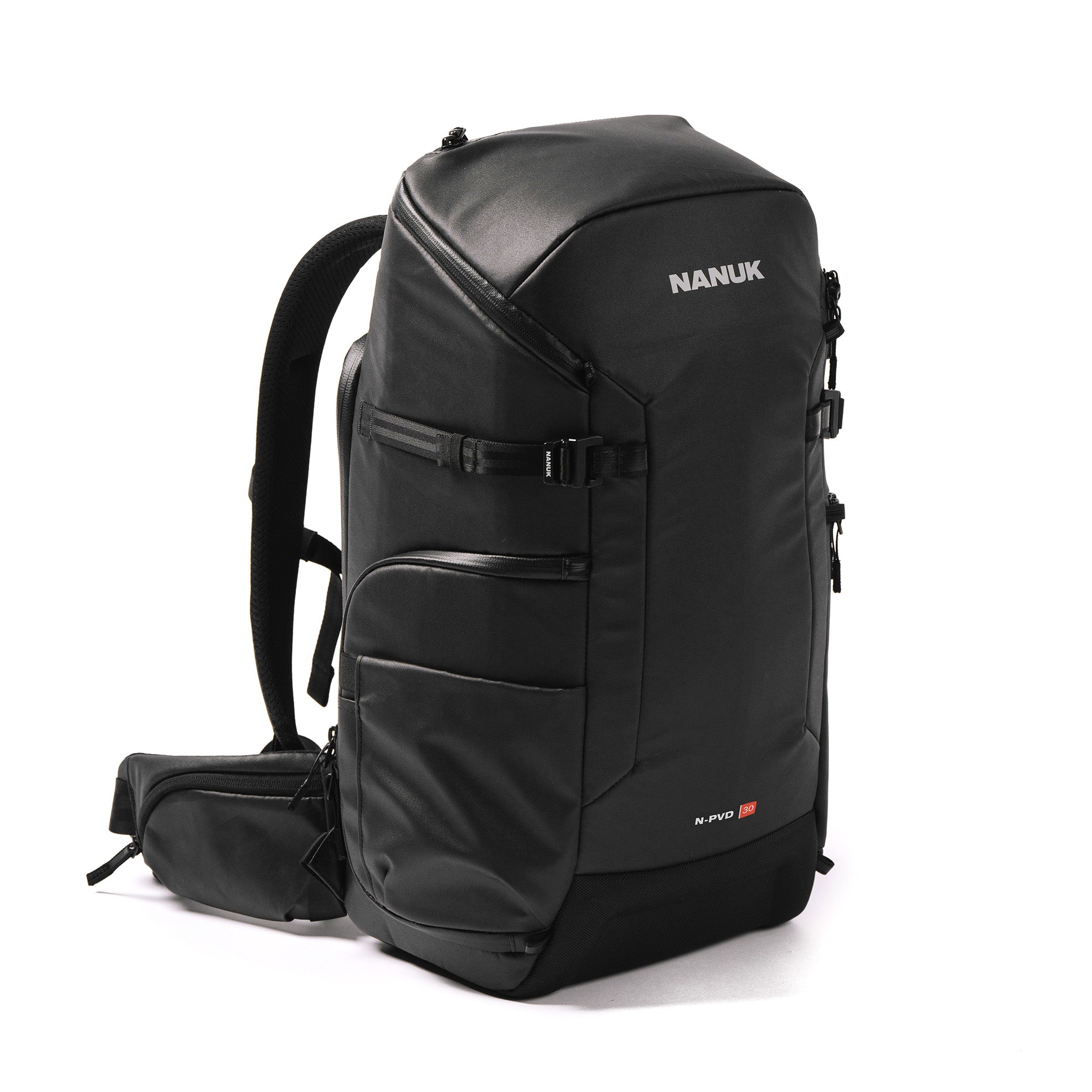 Right Angle view of a Black N-PVD 30L Camera Backpack from NANUK on a white background Right Angle view of a Black N-PVD 30L Camera Backpack from NANUK on a white background