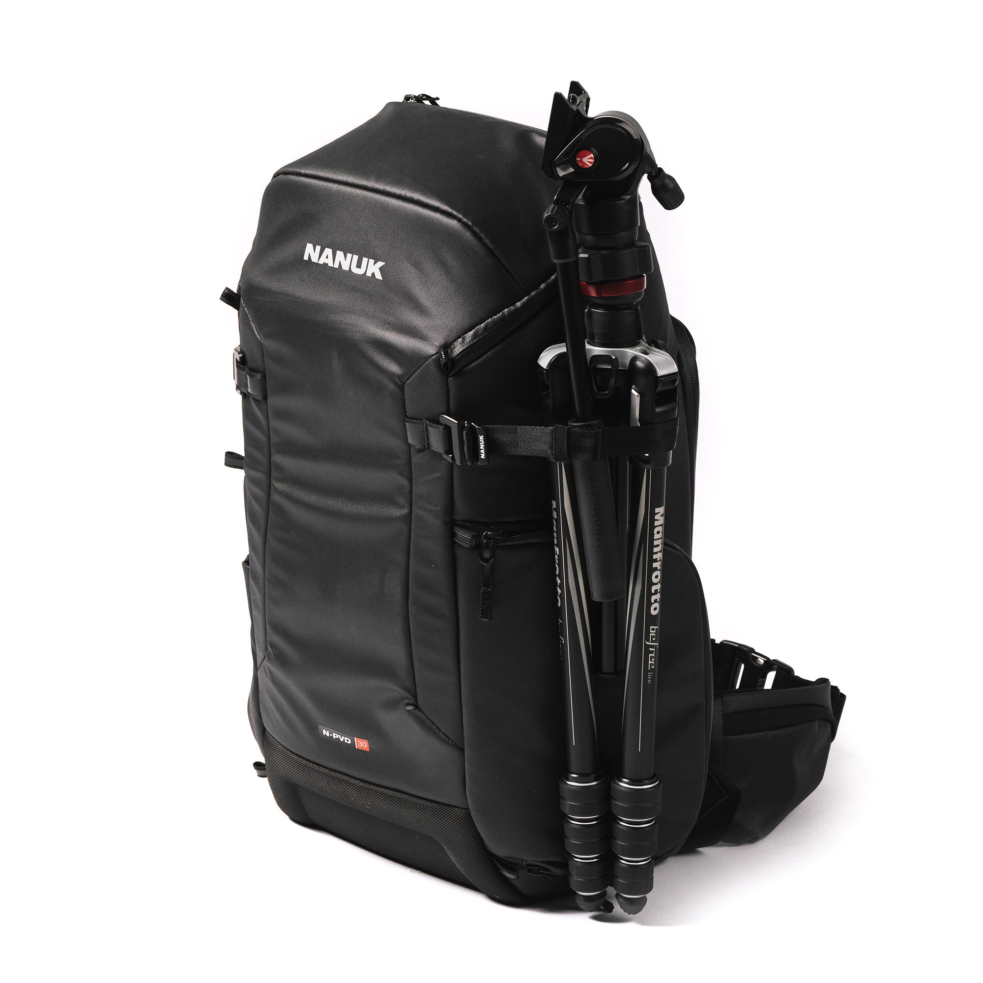 Left Angle view of a Black N-PVD 30L Camera Backpack with a tripod from NANUK on a white background Left Angle view of a Black N-PVD 30L Camera Backpack with a tripod from NANUK on a white background