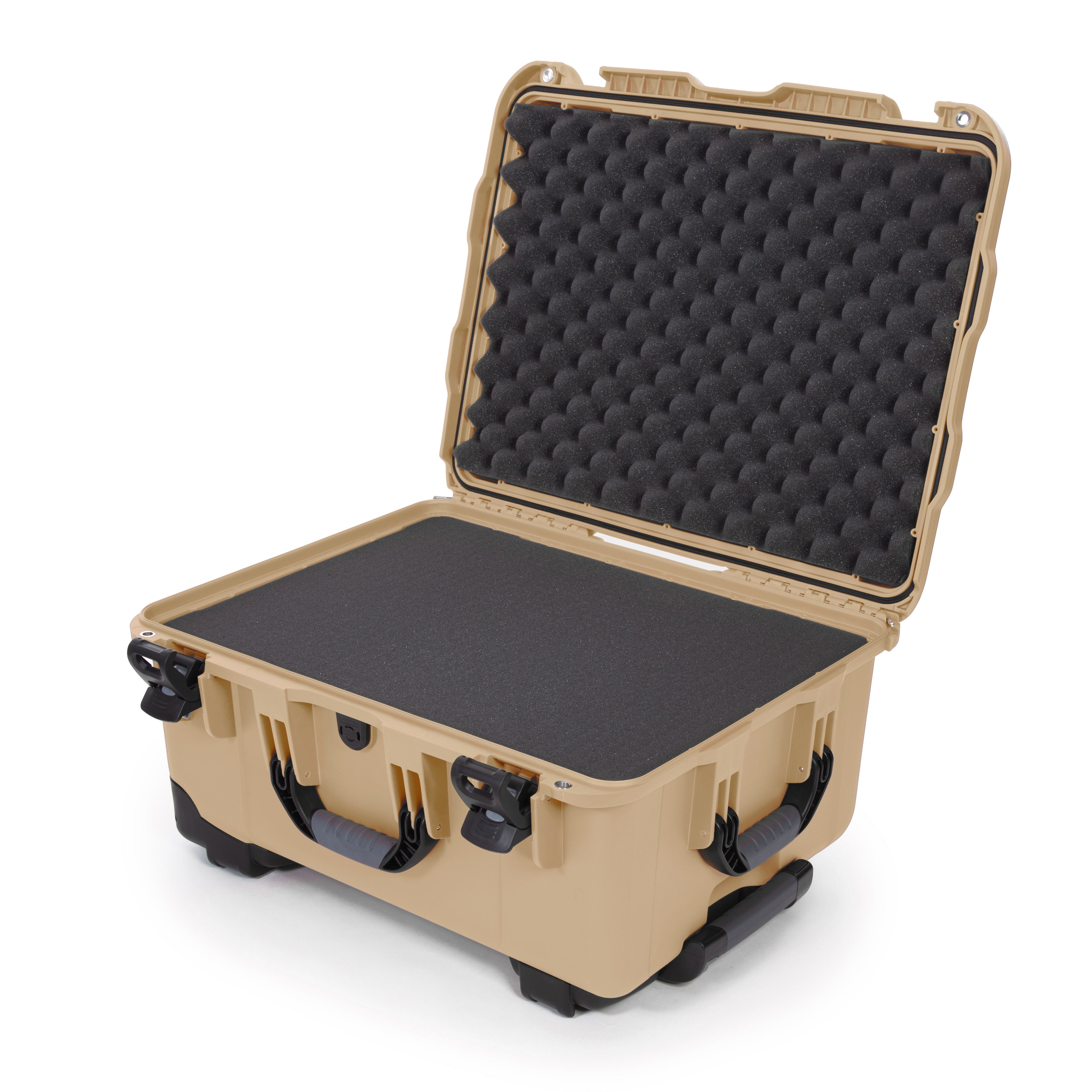 Tan hard-shell protective case with black interior on a white background Tan hard-shell protective case with black interior on a white background