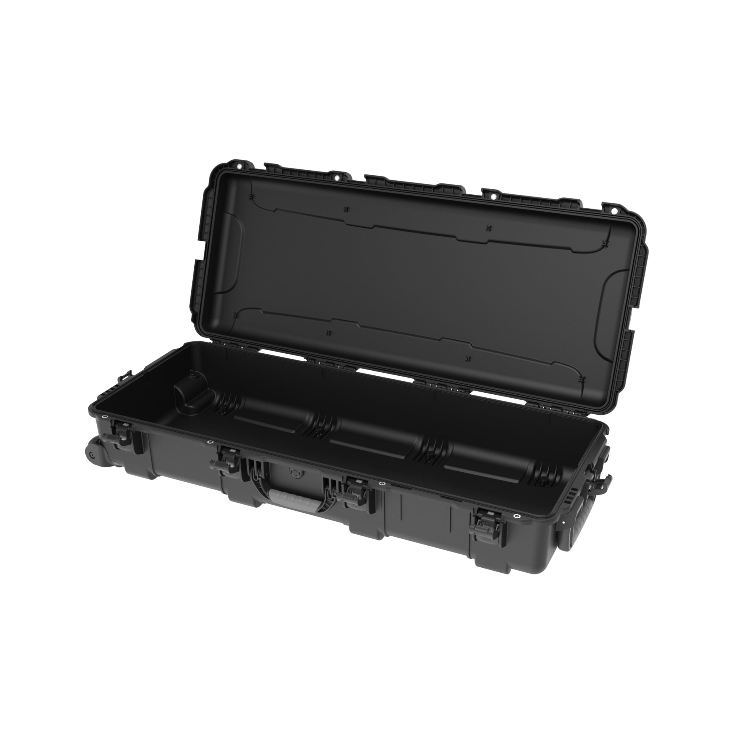 Black open protective case on a white background Black open protective case on a white background