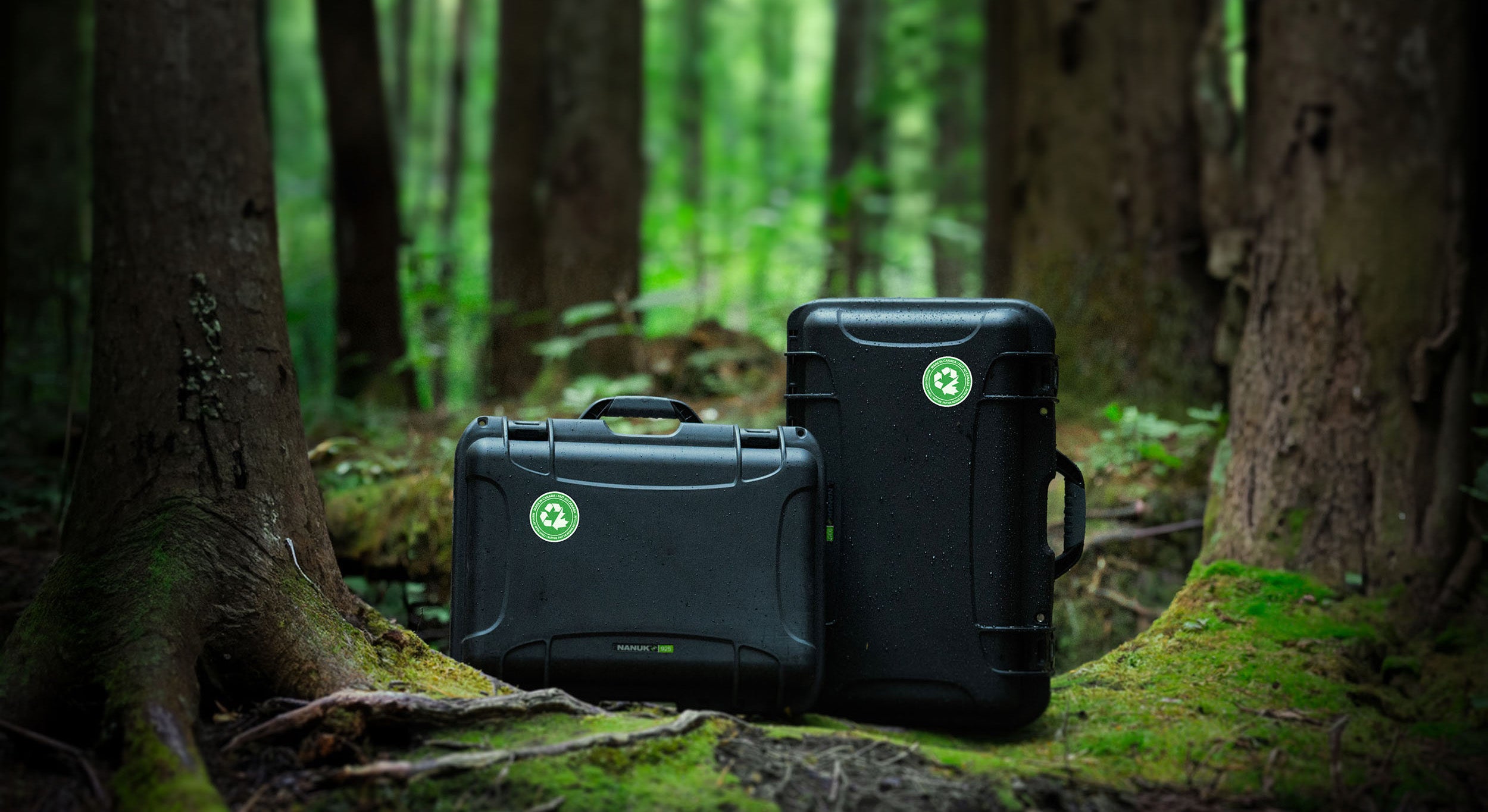 Two NANUK-R Cases in the middle of a green forest recycled cases