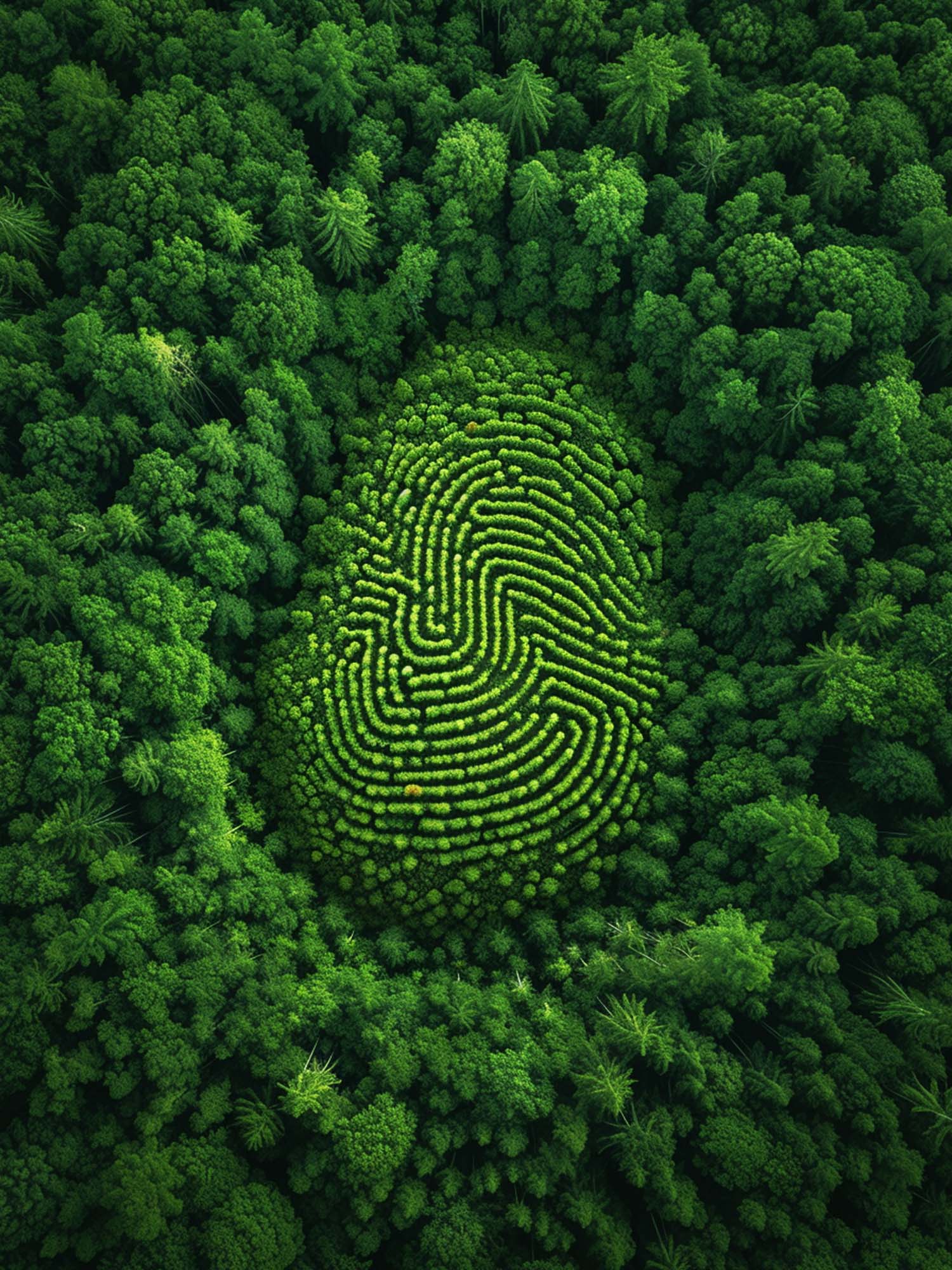 Aerial view of a green forest with a fingerprint-shaped clearing, symbolizing NANUK's unique approach to sustainability.