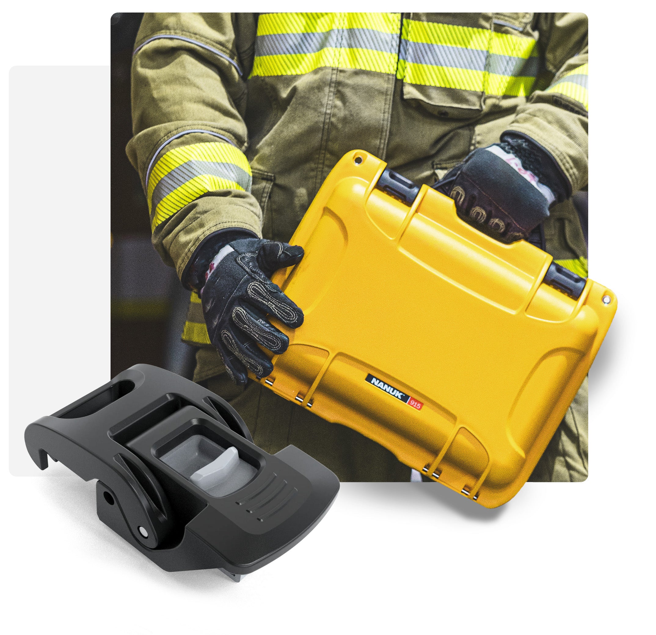 Fireman holding a Nanuk 915 yellow close up with a Powerclaw Latch latch