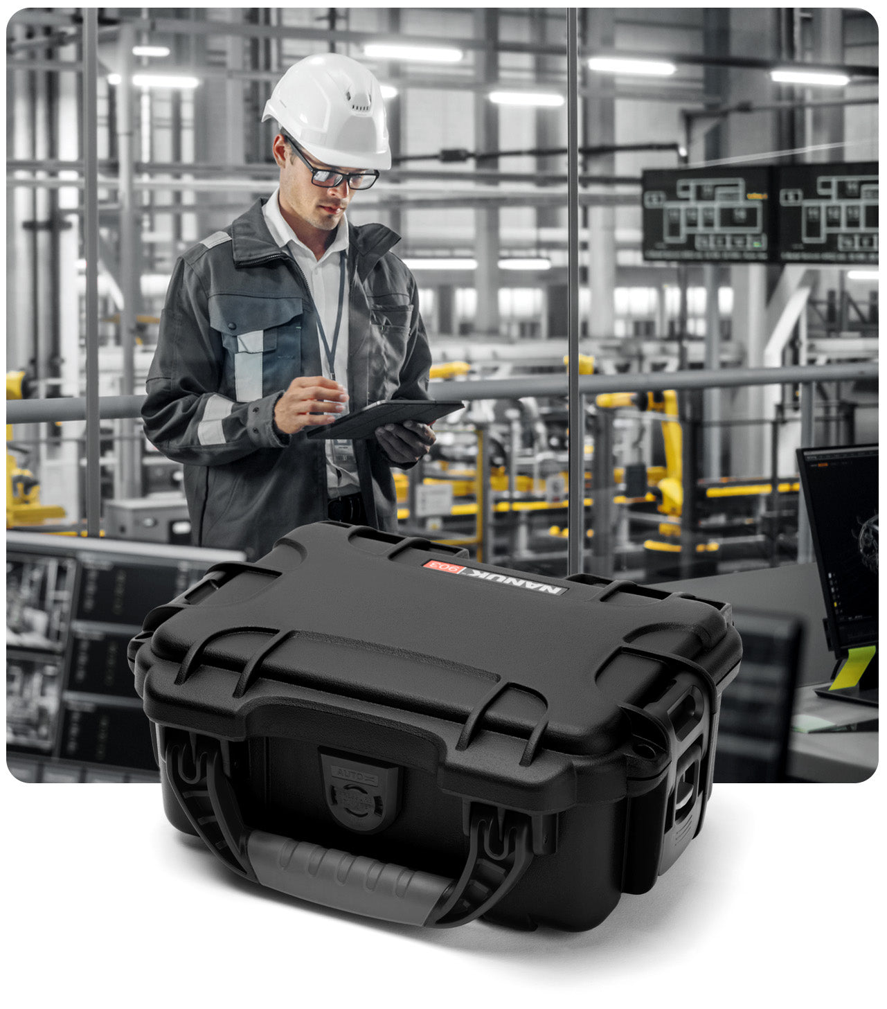 Nanuk 903 Black front view in a industrial background