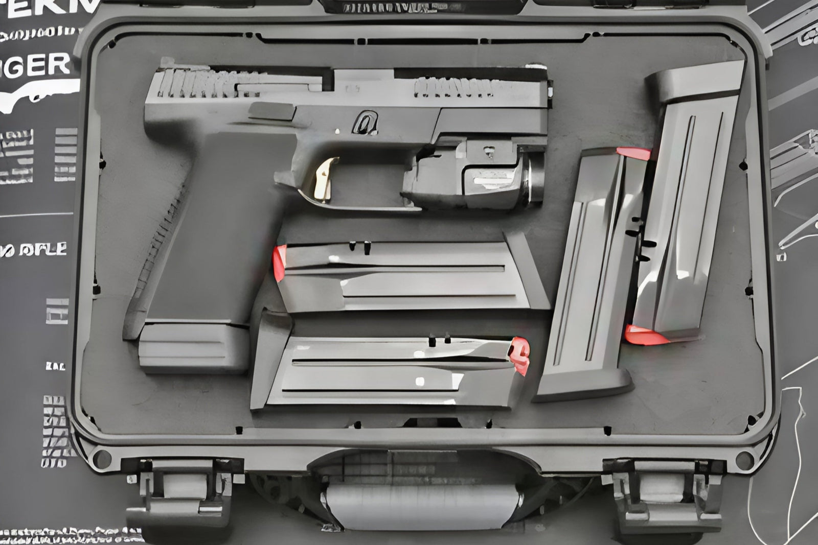 Weapon components in a case with a detailed background