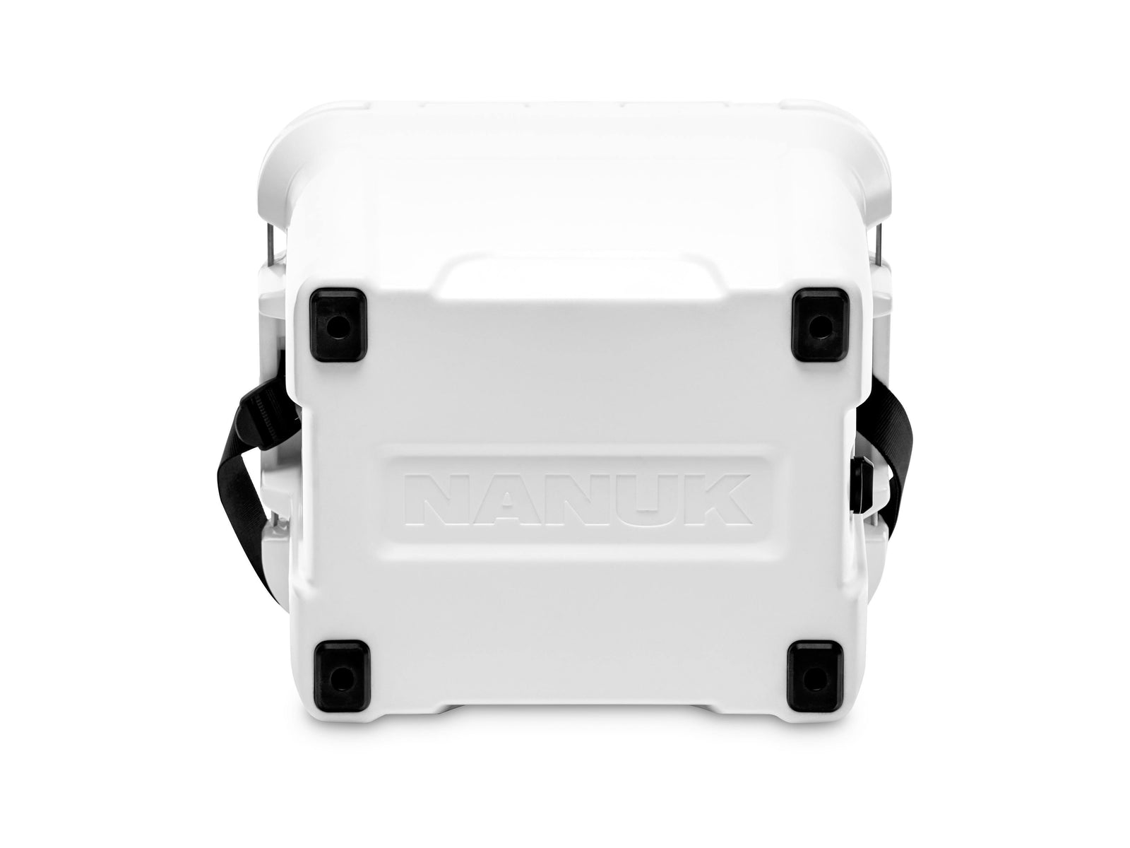 White cooler box with black wheels on a white background