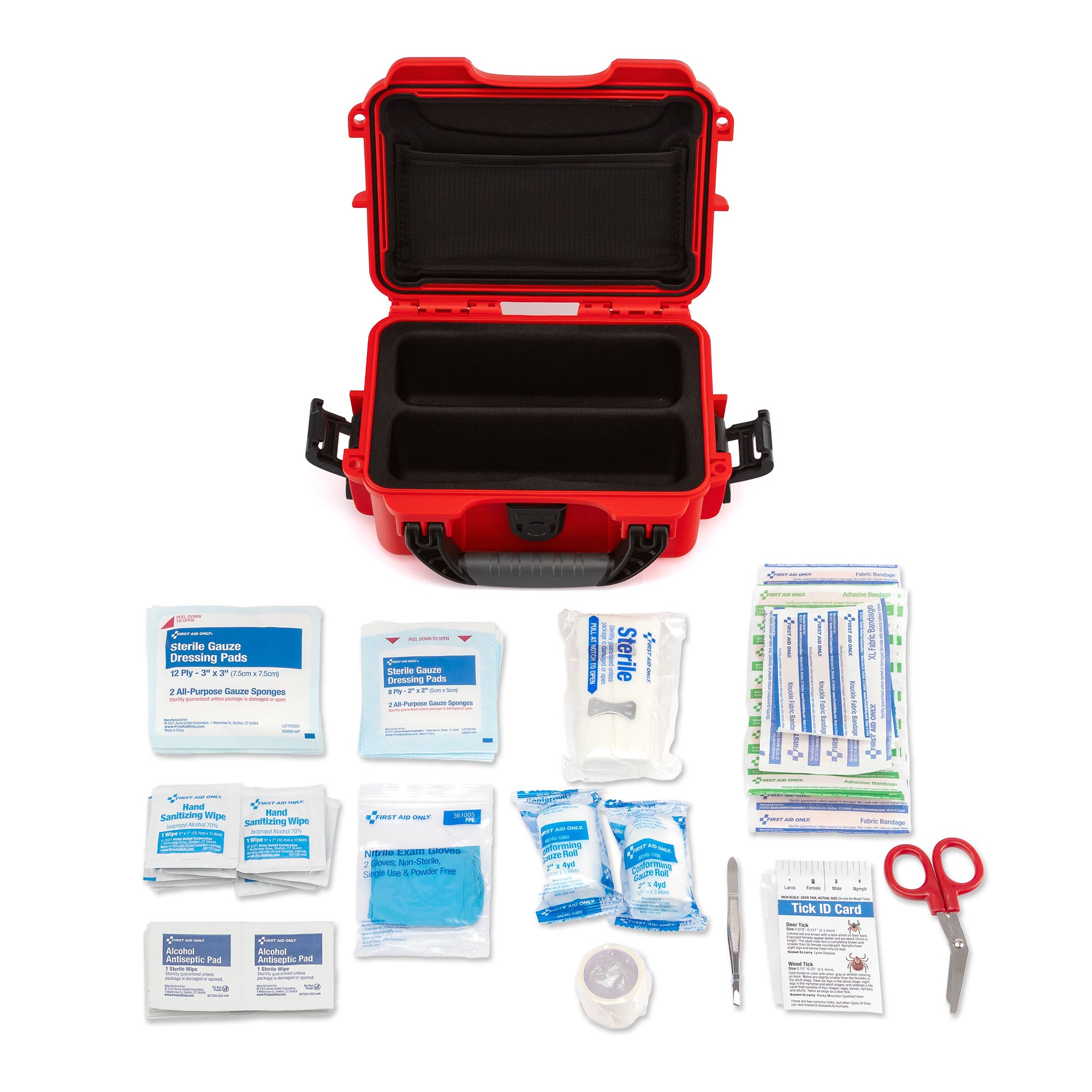 First aid kit with various supplies on a white background