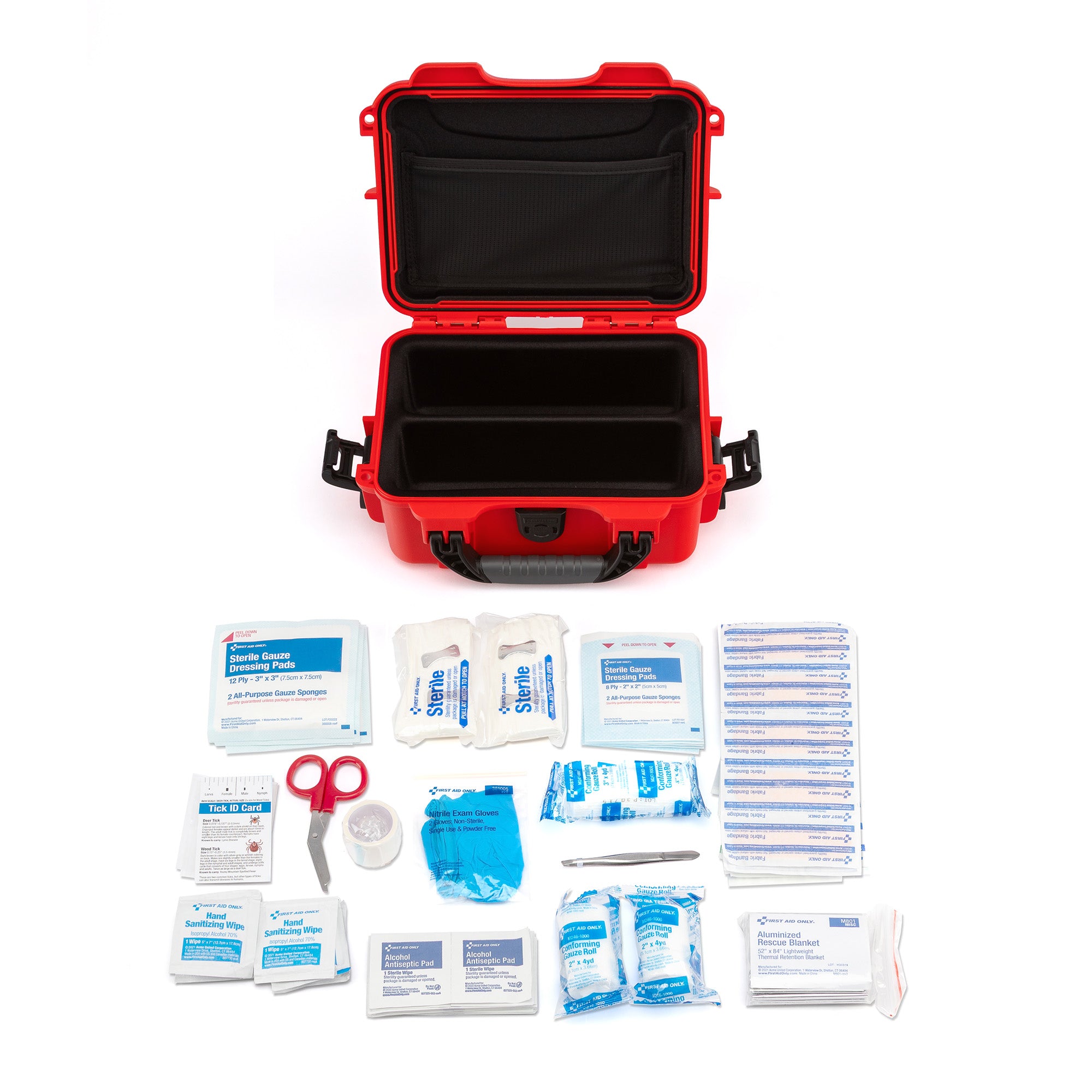 First aid kit with various supplies on a white background