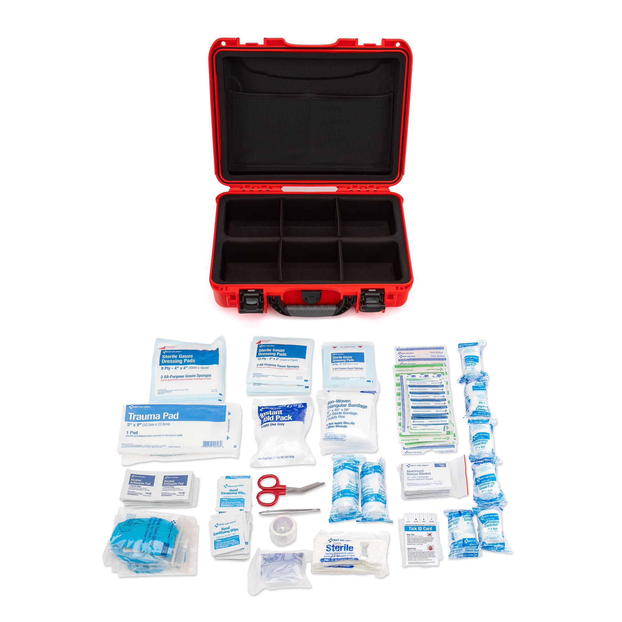 First aid kit with various supplies on a white background