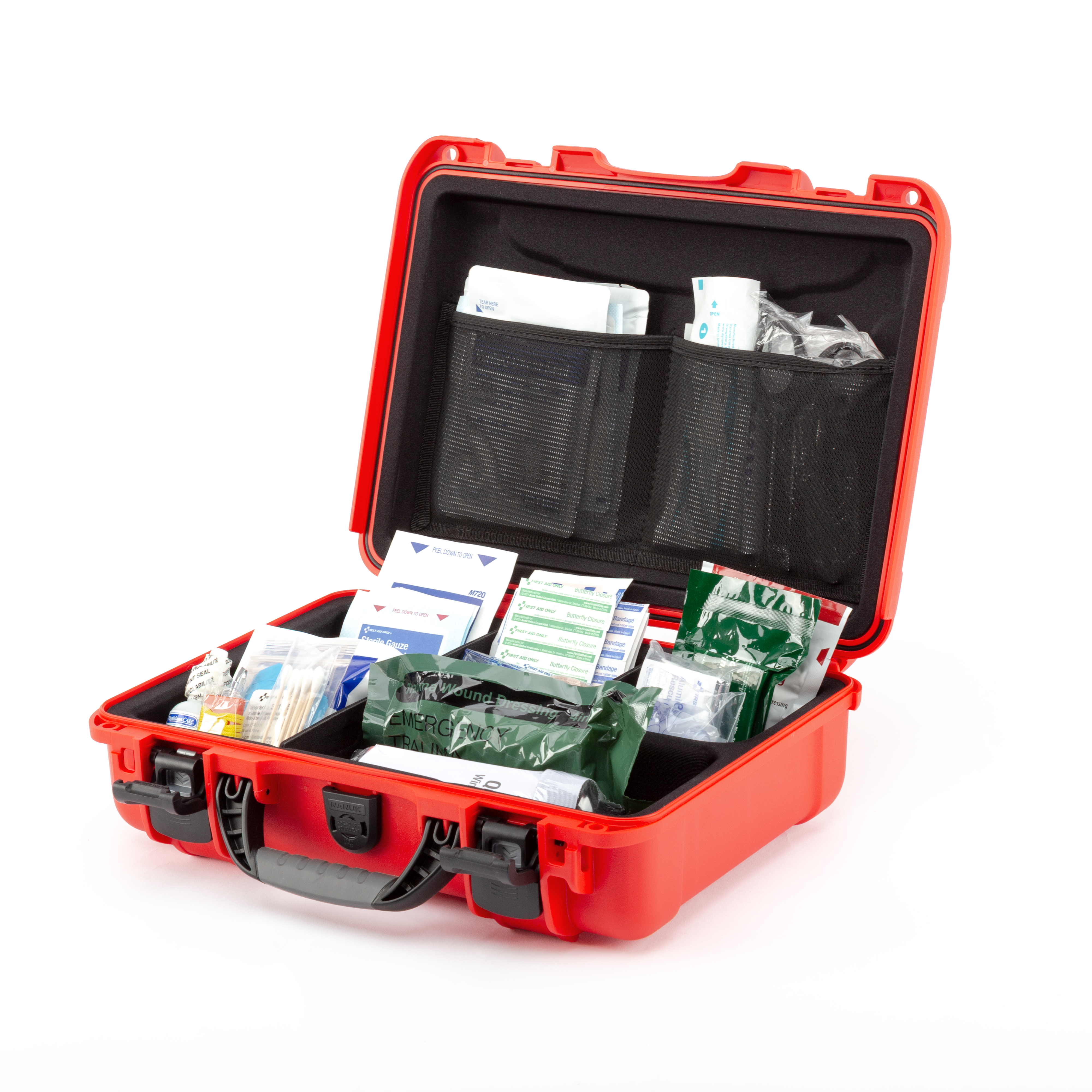 An open red hard-shell emergency medical kit case on a white background, filled with various medical supplies including gauze, bandages, and packets.