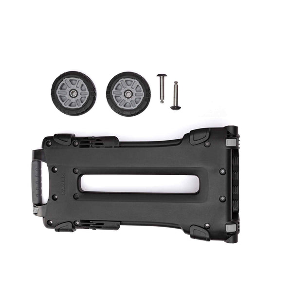 Black staple gun with two staple pins and two screws on a white background