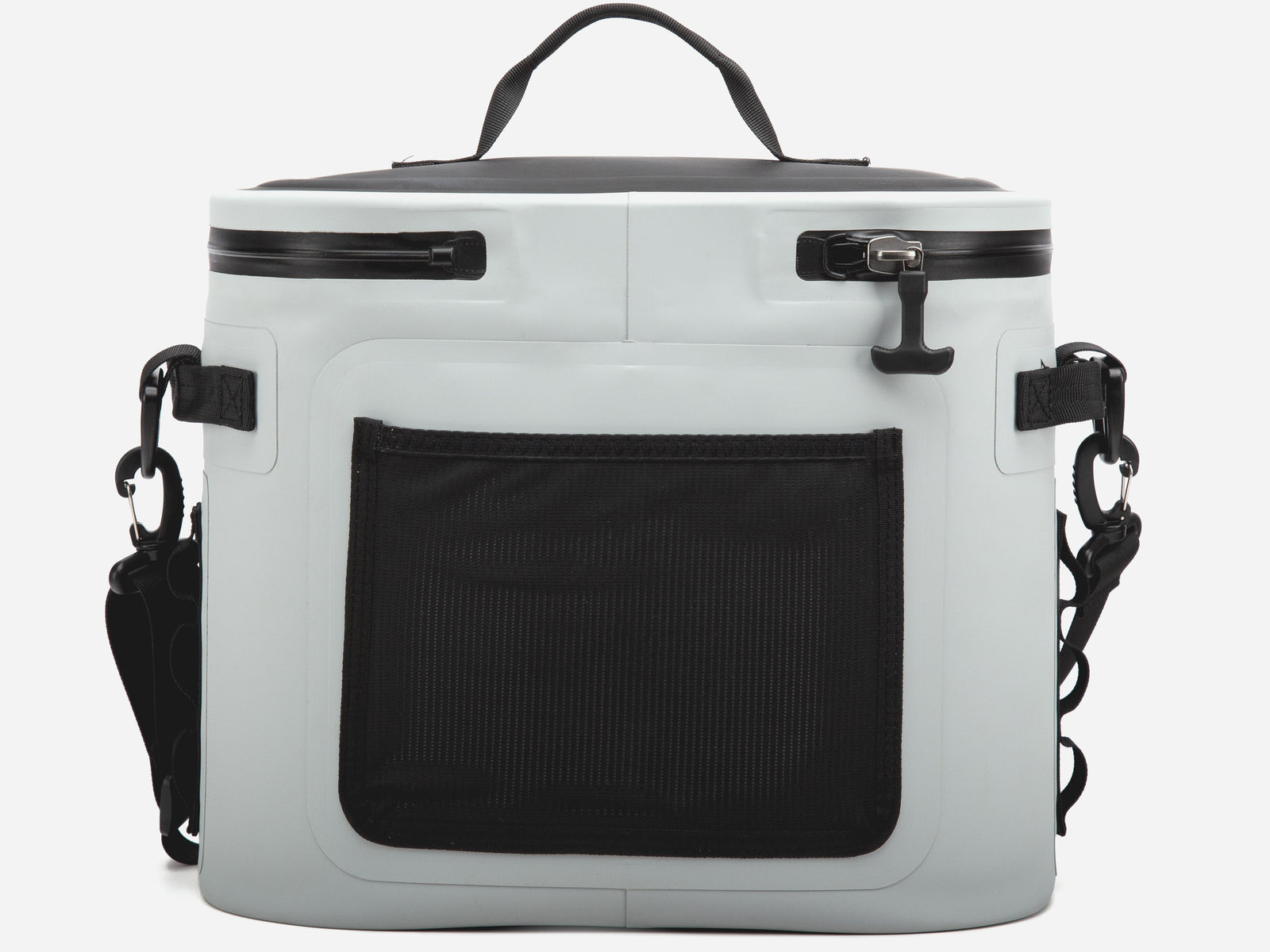 A light gray soft-sided cooler bag with black accents, including a top handle, zipper trim, side straps, and a large black front mesh pocket, shown on a plain white background.