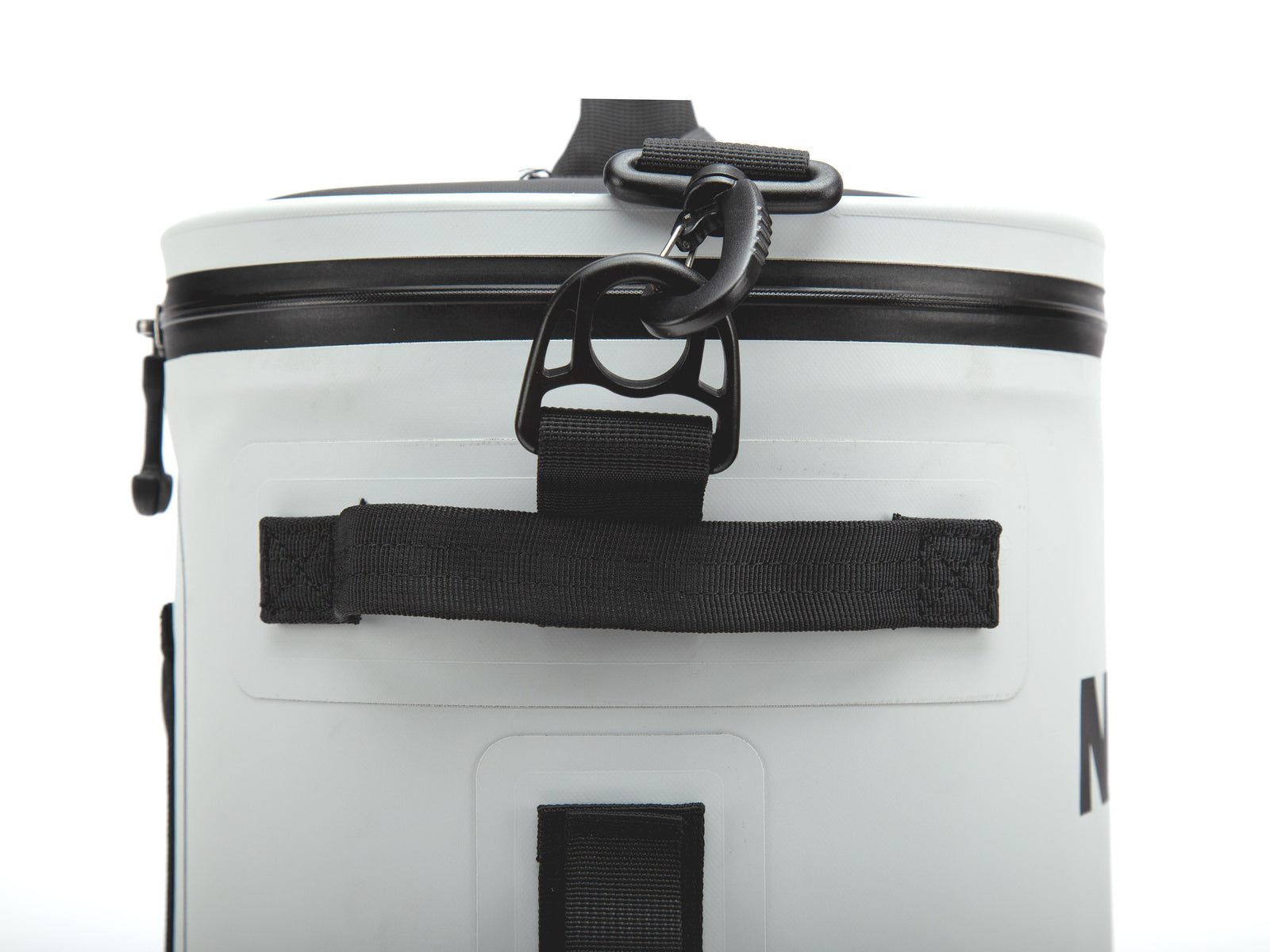 Close-up of the back of a white cooler bag with black zipper, black handle, and black hardware on a white background.