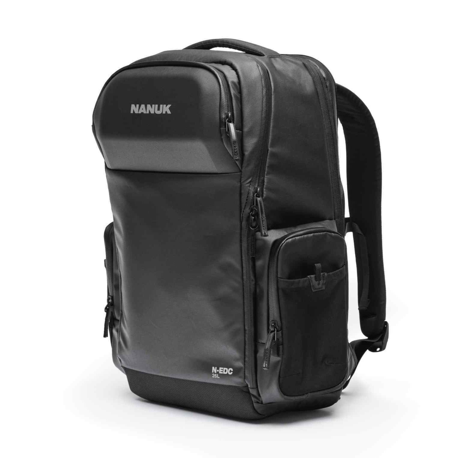Black backpack with 'Nanuk' branding on a white background