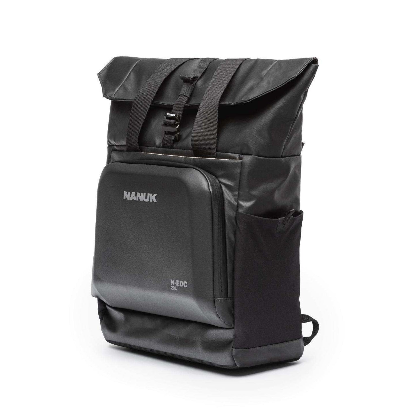 Black backpack with visible brand name on a white background