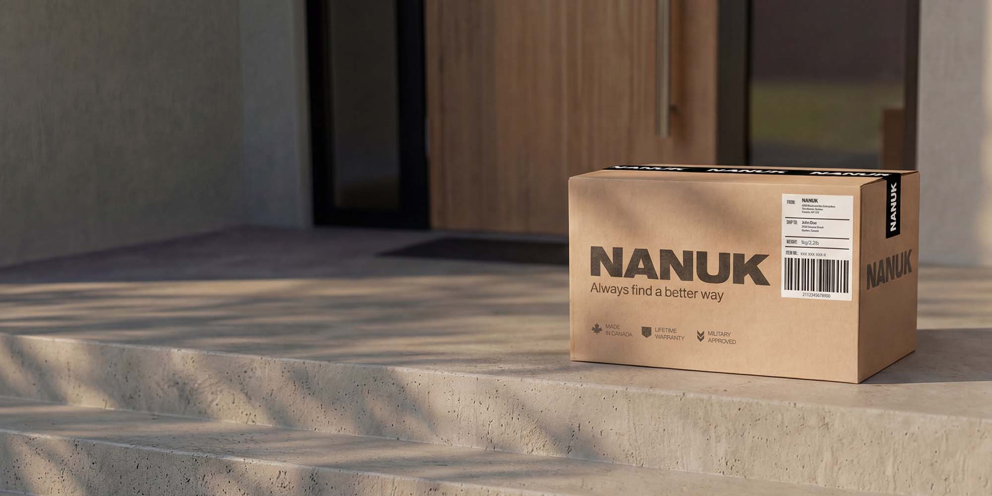 NANUK Cardboard box on home steps for Free Shipping in March