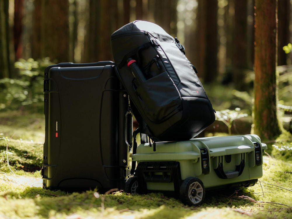 Two suitcases, one black and one green, in a forest setting.