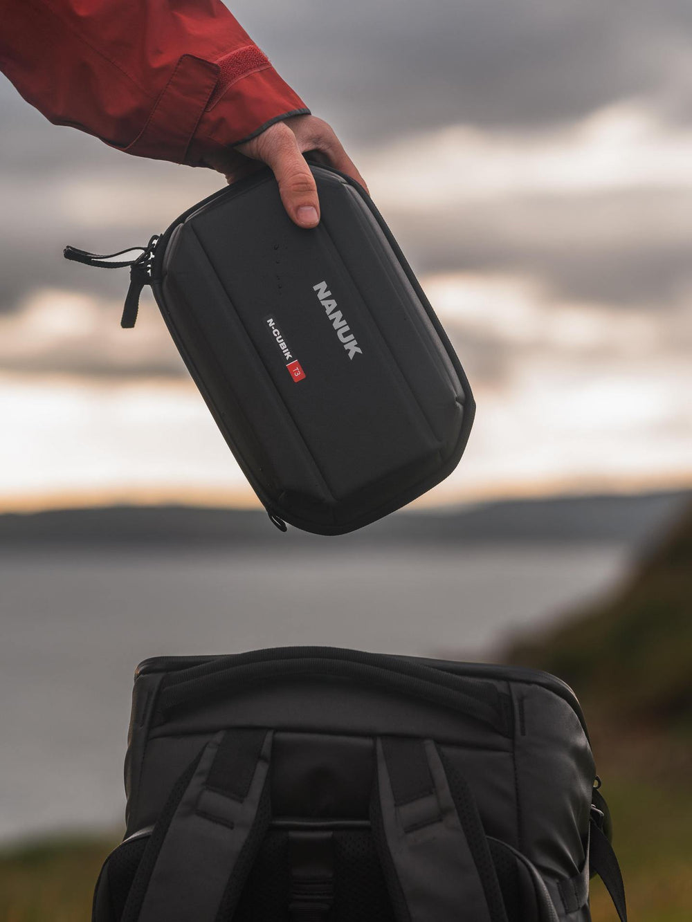 Person holding a black Nanuk case with a scenic background