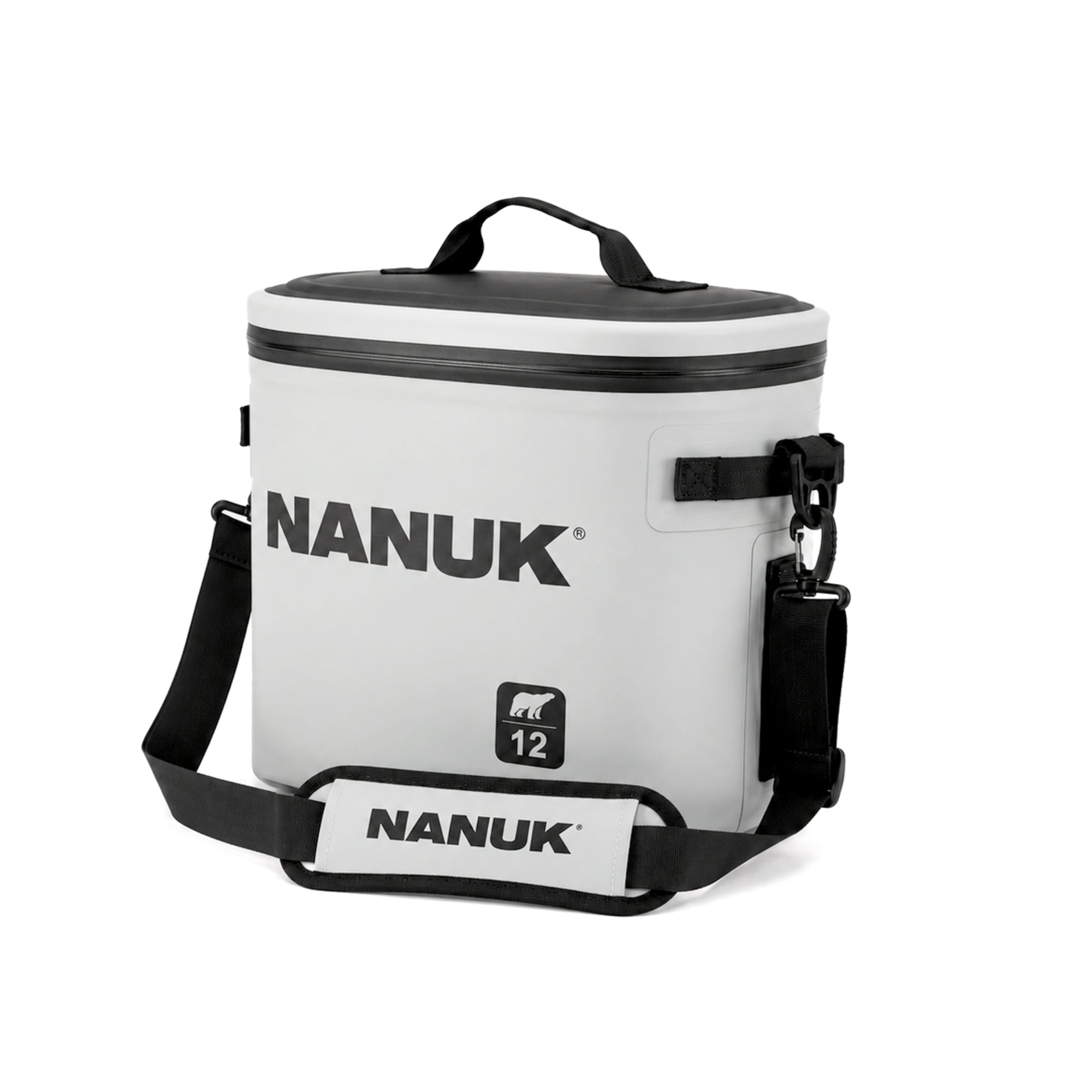White Nanuk cooler bag with black accents on a white background