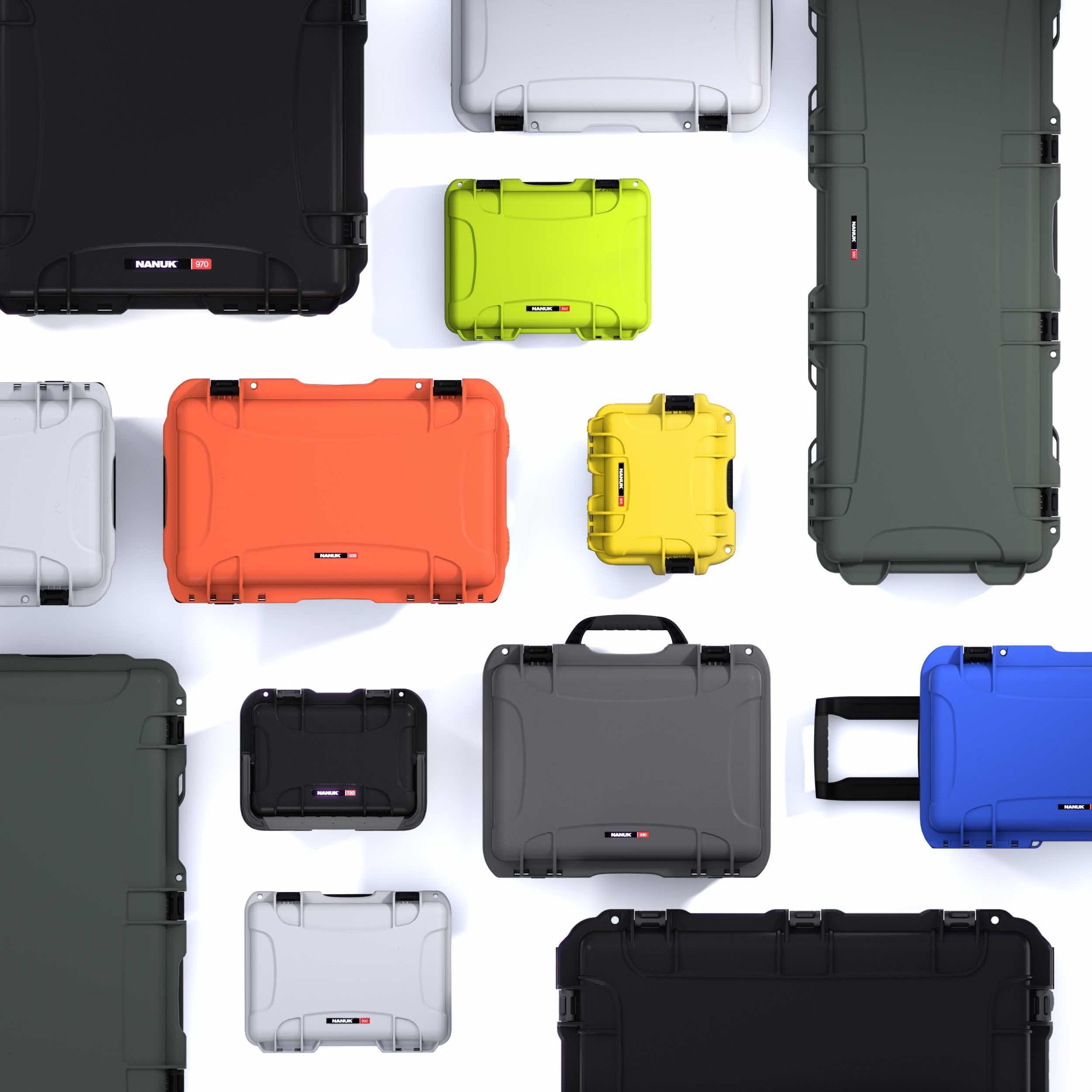 Assorted colorful NANUK hard cases in various sizes, showcasing versatile and durable gear protection
