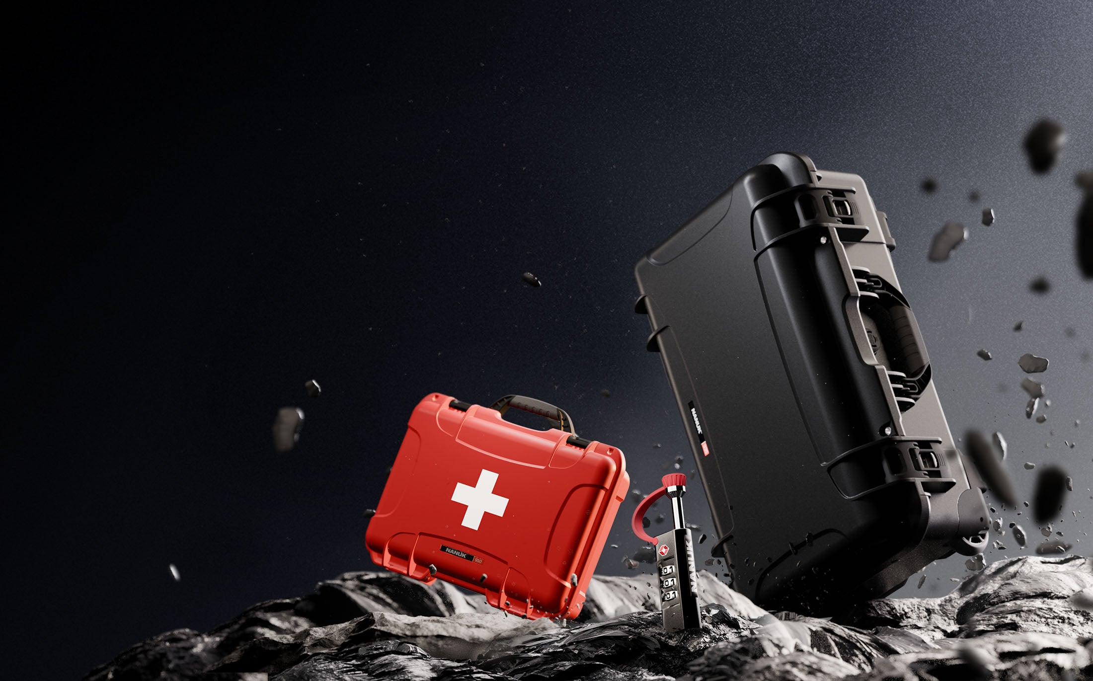 Stylized image showcasing NANUK protective cases on a rugged, rocky surface. A black NANUK case is tilted dramatically, emphasizing durability and toughness, while a vibrant red case with a white medical cross highlights versatility for emergency or first-aid uses. A sleek TSA-approved NANUK padlock stands upright in the foreground. The dark, atmospheric background with flying debris adds a sense of adventure and resilience, fitting for a Black Friday promotion.