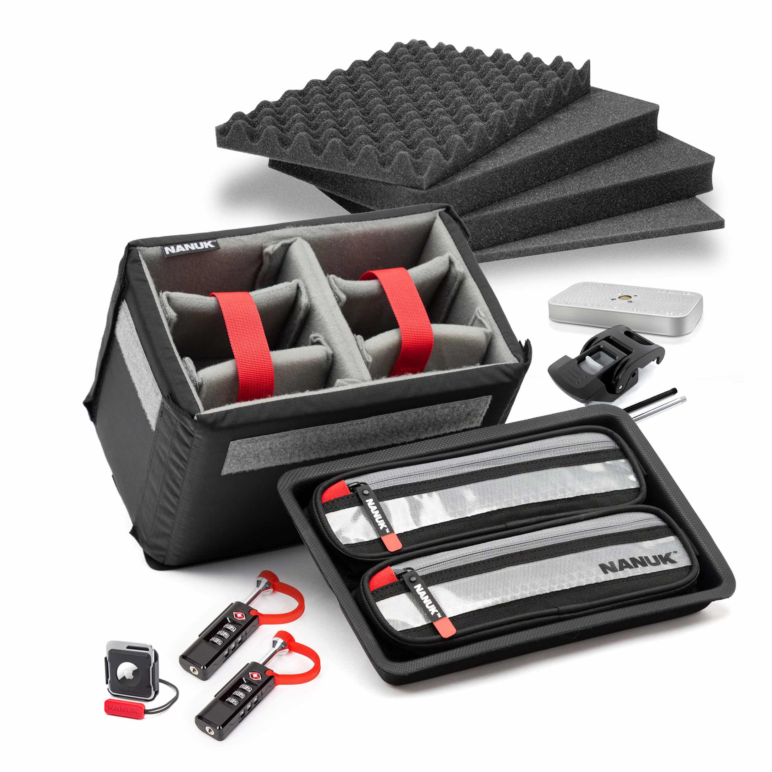 NANUK case accessories including foam inserts, padded dividers, locks, and utility pouches for customized gear protection