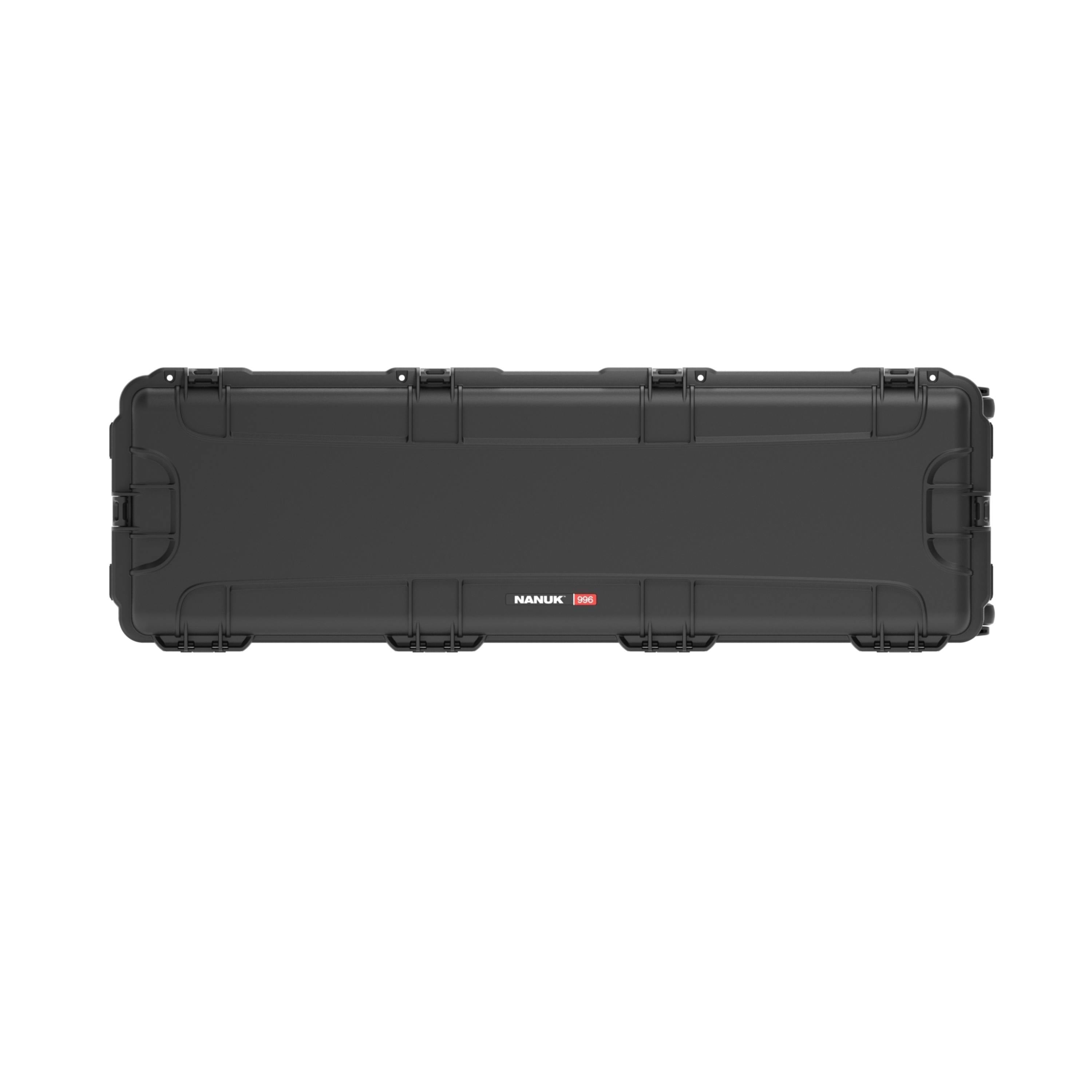 Black hard-shell travel case on a white background