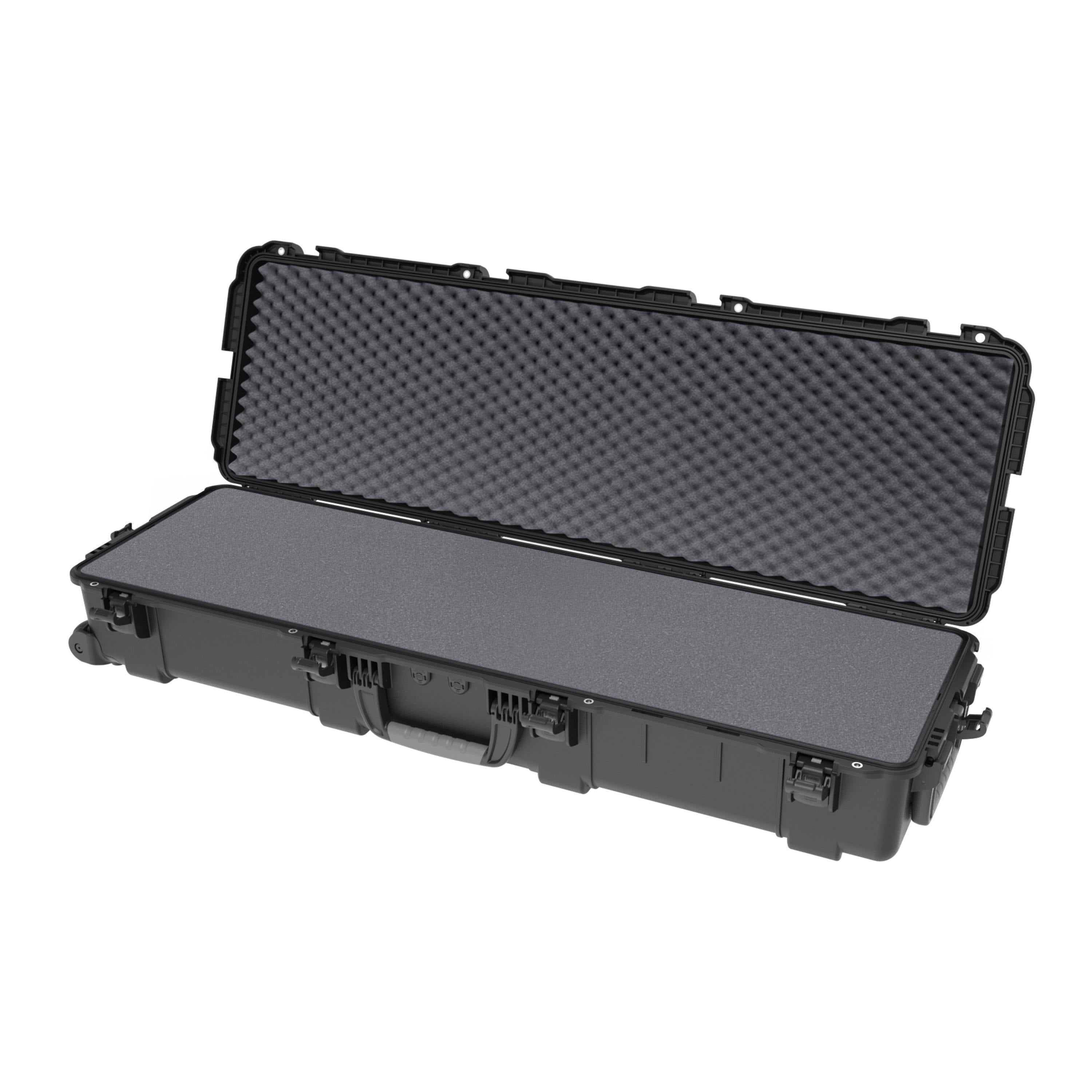 Black protective case with foam interior on a white background