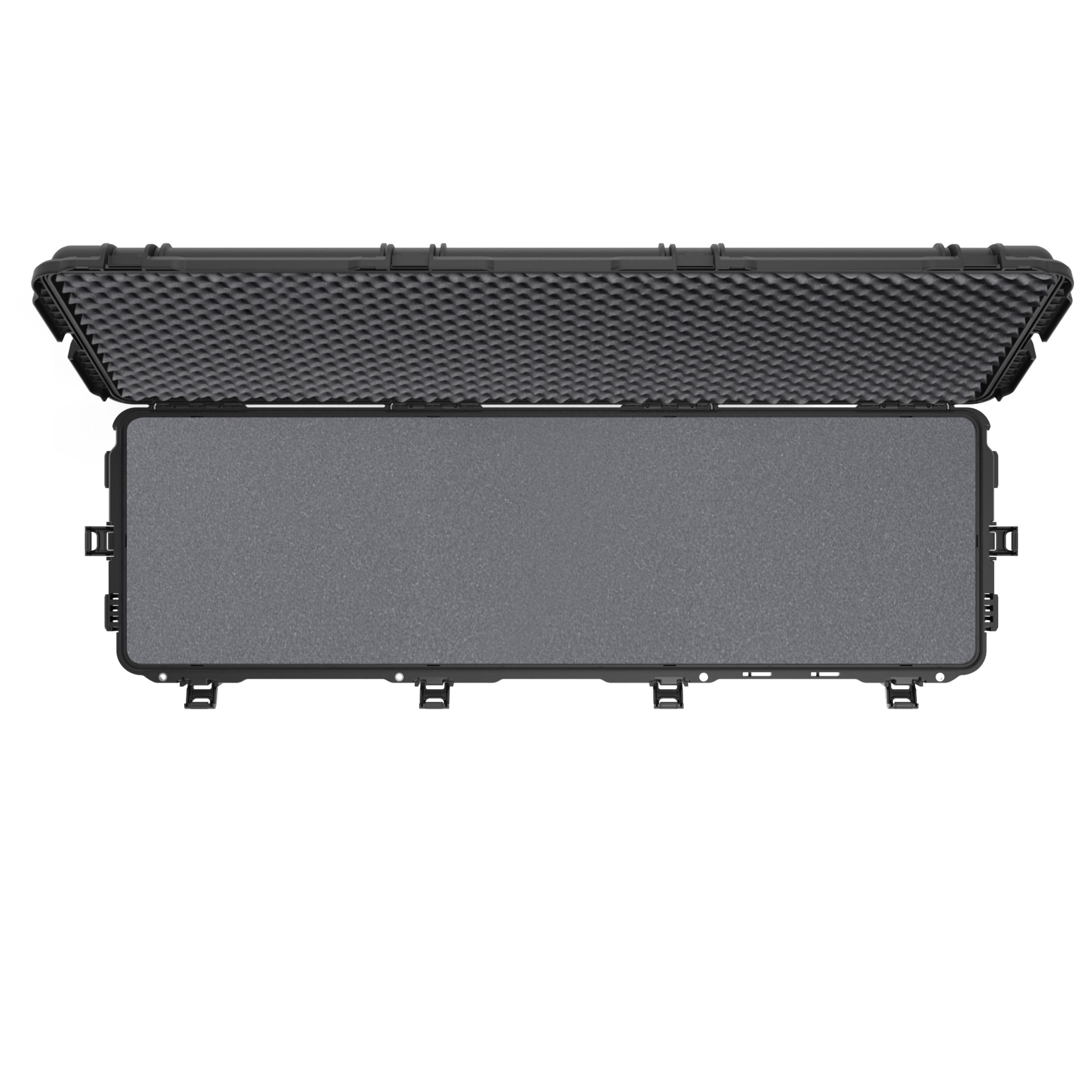 Black protective case with foam lining on a white background