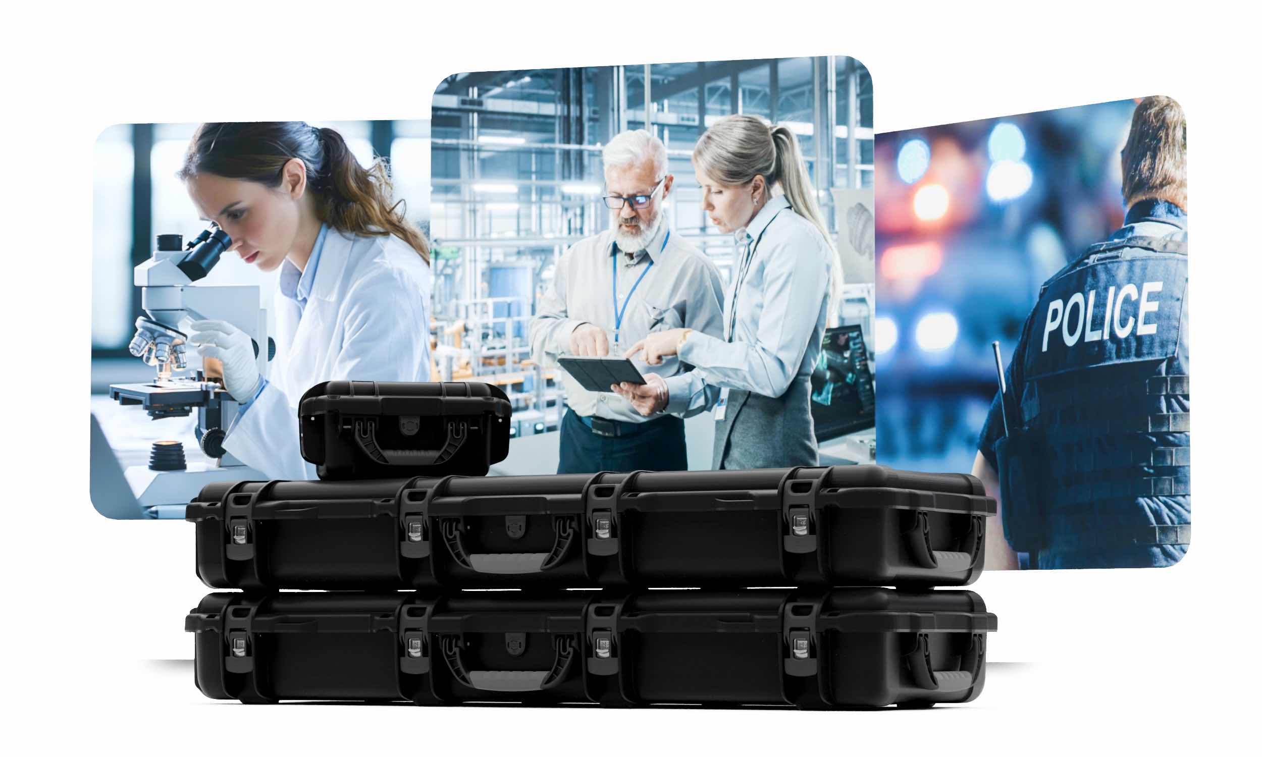 Stack of black NANUK hard cases with images of professionals in science, industry, and police, showcasing versatile protection for various fields