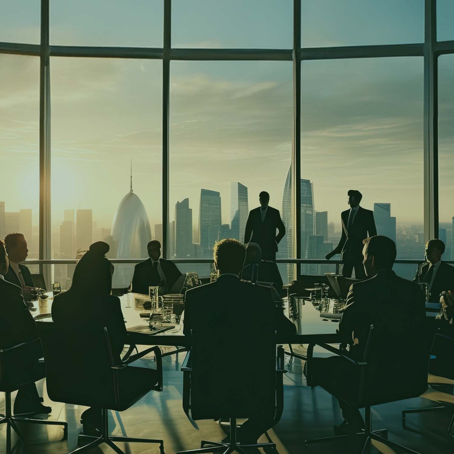 Corporate meeting with a city skyline background, highlighting NANUK's commitment to sustainability.