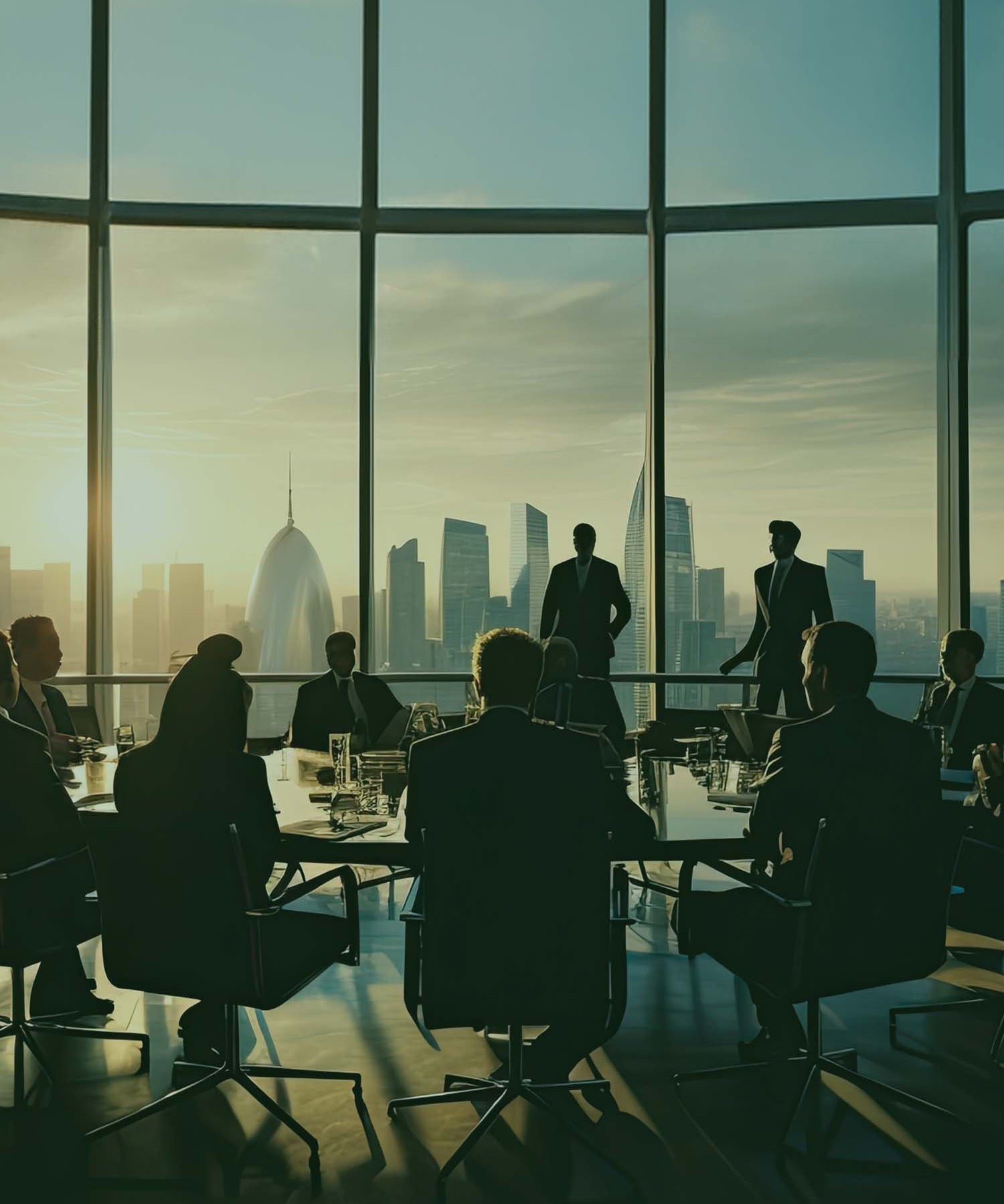 Corporate meeting with a city skyline background, highlighting NANUK's commitment to sustainability.